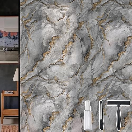 DKTIE Película de privacidad para ventana con diseño de mármol con herramientas de instalación, adherencia estática sin pegamento para ventana,