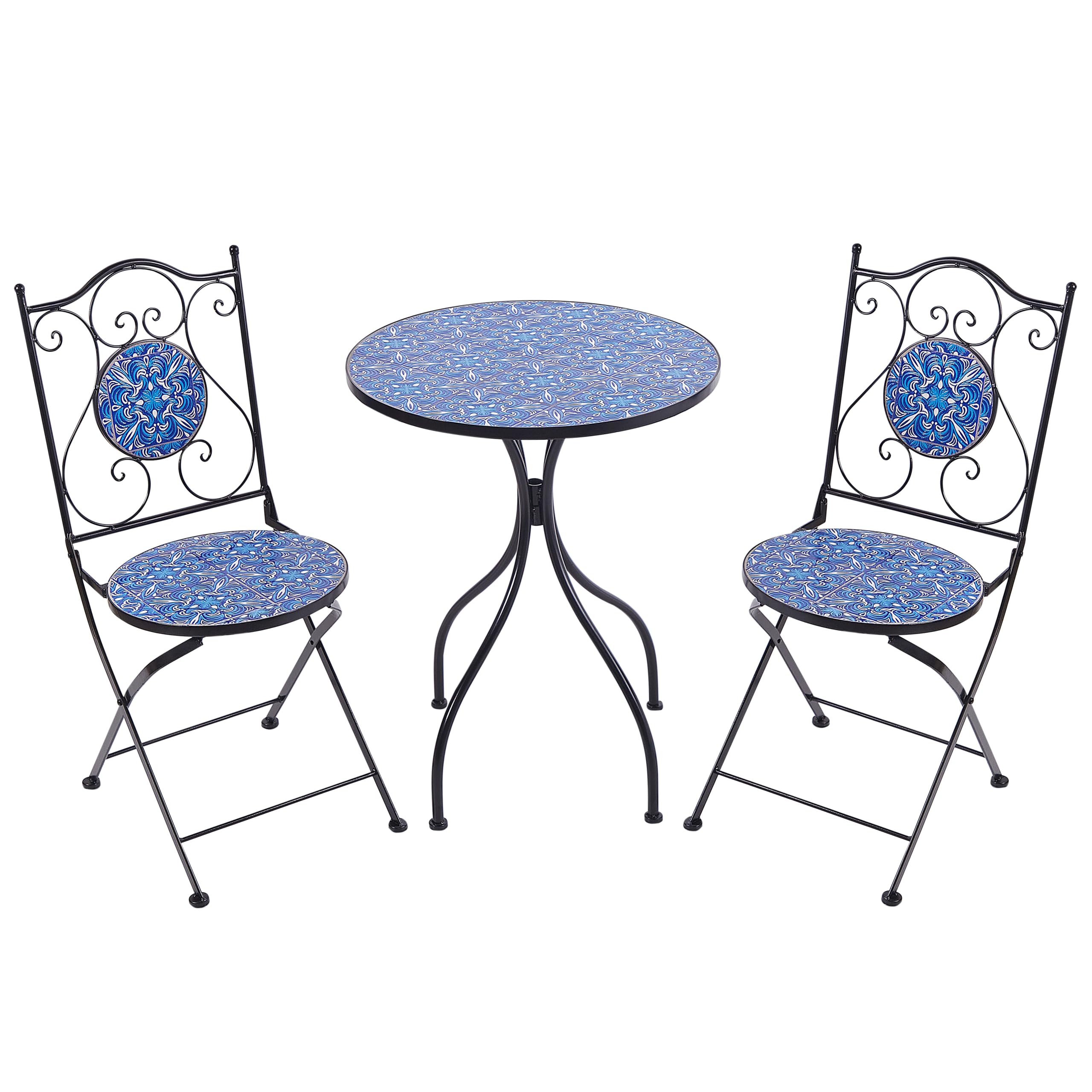 Balkon Set Metall schwarz / blau Mosaik Muster 2 Stühle 1 Tisch Cigliano