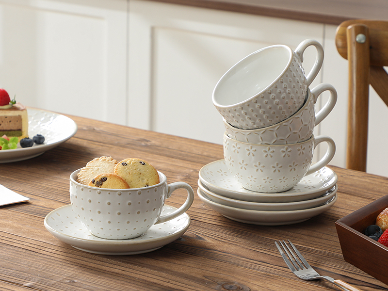 MALACASA 8 OZ Cappuccino Cups with Saucers, Embossed Latte Mugs Set of 4