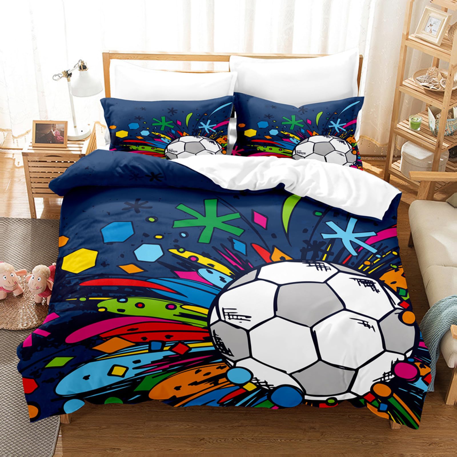 Niebieskie zestawy pościeli piłkarskiej w rozmiarze king size - sportowa poszewka na kołdrę z nadrukiem + 2 poszewki na poduszki 48 x 74 cm, 110 g mikrofibra nadająca się do prania hipoalergiczna