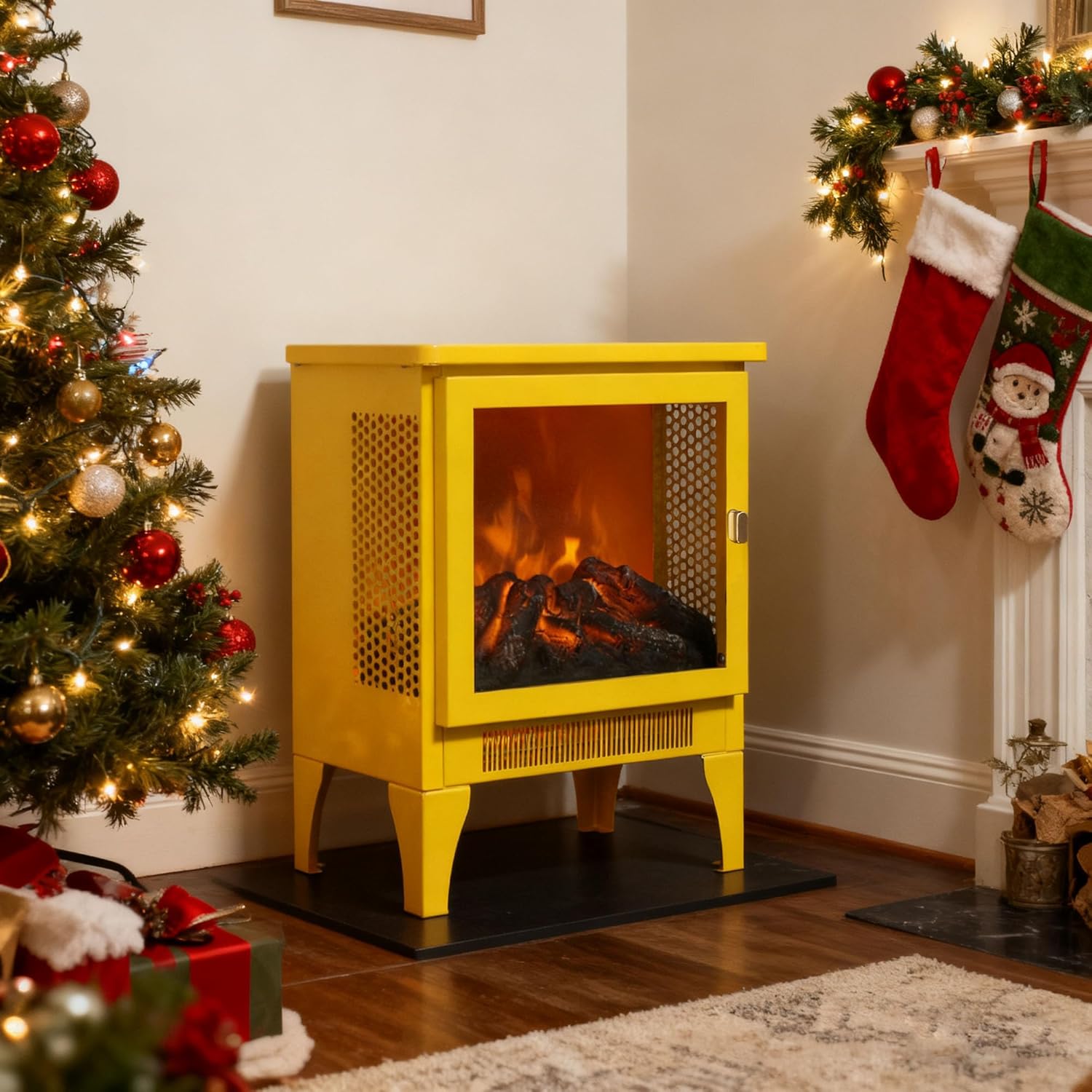 3D Flame 17-Inch Portable Electric Fireplace - 50000-Hour LED, Overheat Protection, Gold Accent Design (Bright Yellow)