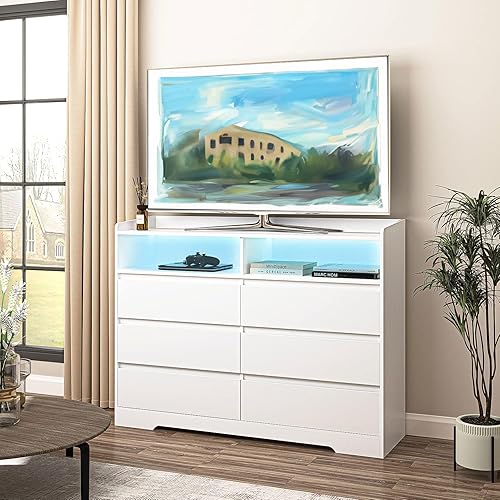 Miniatura 7 de GOSROMS Cómoda doble blanca de 6 cajones, cajoneras decorativas con luz LED, cómoda de almacenamiento blanca moderna para dormitorio, habitación de