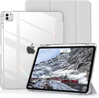 Clear Case for iPad Pro 12.9 inch 6th/5th/4th/3rd Gen with Pencil Holder [Support Pencil Charging] Auto Wake/Sleep, Lightweight Shockproof Trifold Stand Transparent Hard PC Back Cover, Gray-2