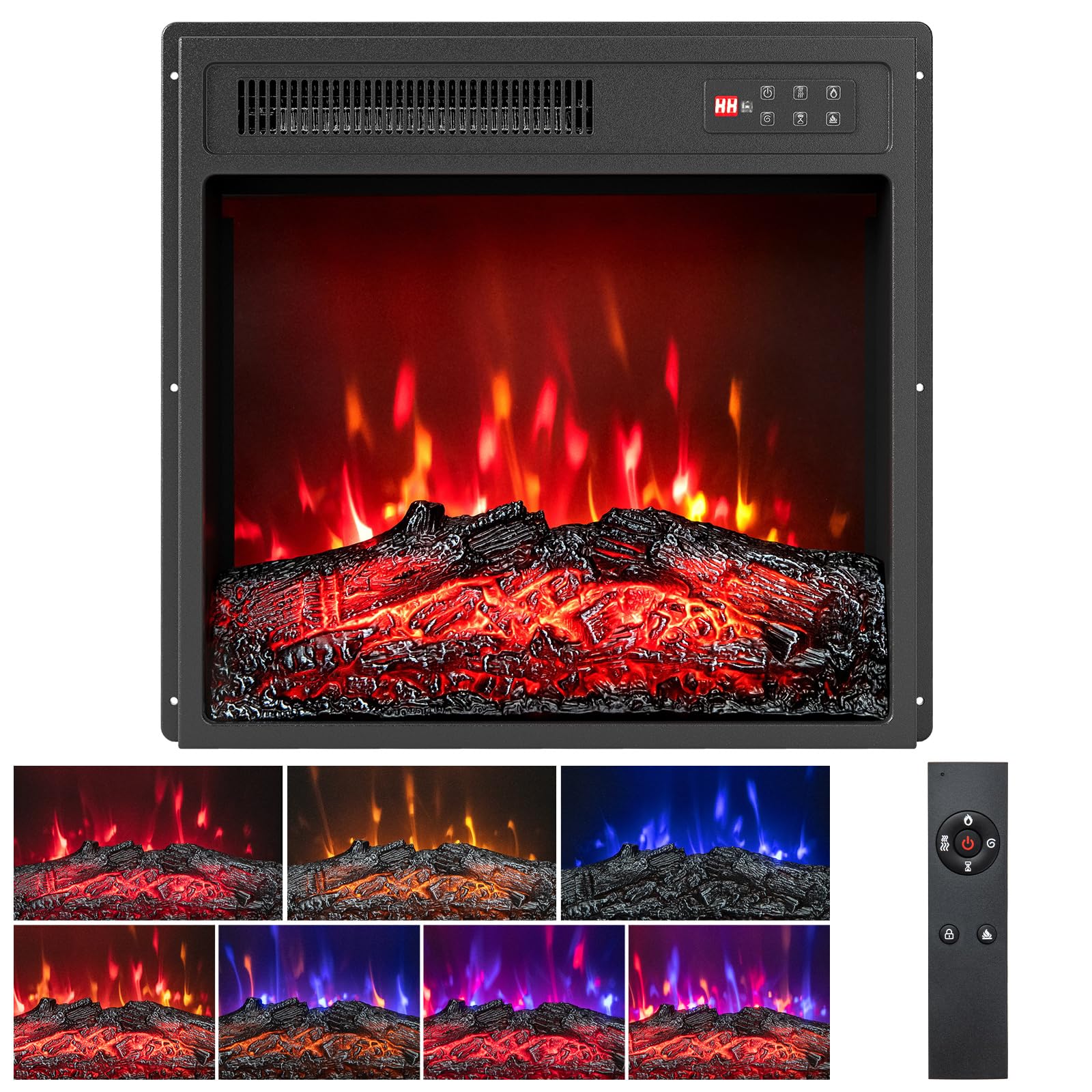 FANTASK Chimenea eléctrica empotrada 18" 750W/1500W con Mando a Distancia, 7 Colores de Llama realistas, 5 Niveles de Brillo Ajustables, Temporizador 8 Horas, Inserto de Chimenea eléctrica
