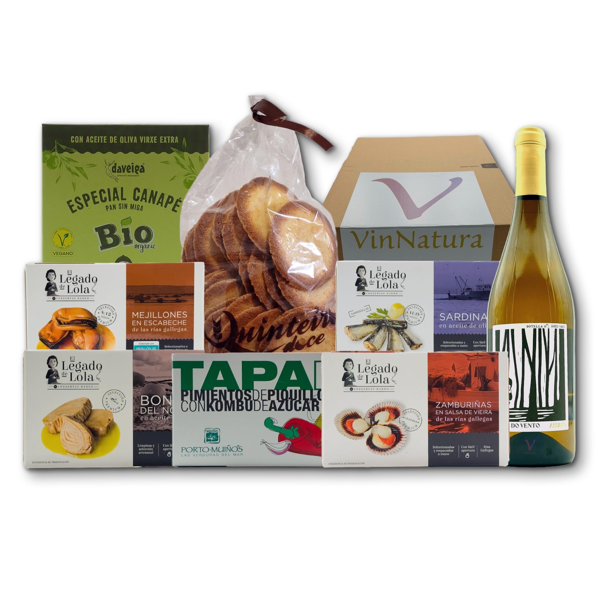 Caja Gourmet Vionta de VinNatura con Conservas Artesanales y Vino Godello | Regalo gourmet gallego, regalos de empresa, cesta con vino, elaboración tradicional, tarjeta personalizable