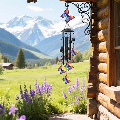 Miniatura 6 de Campanillas de viento de mariposa para exteriores, campanillas de viento de metal negro para exteriores, regalos de mariposas para mujereshombres,