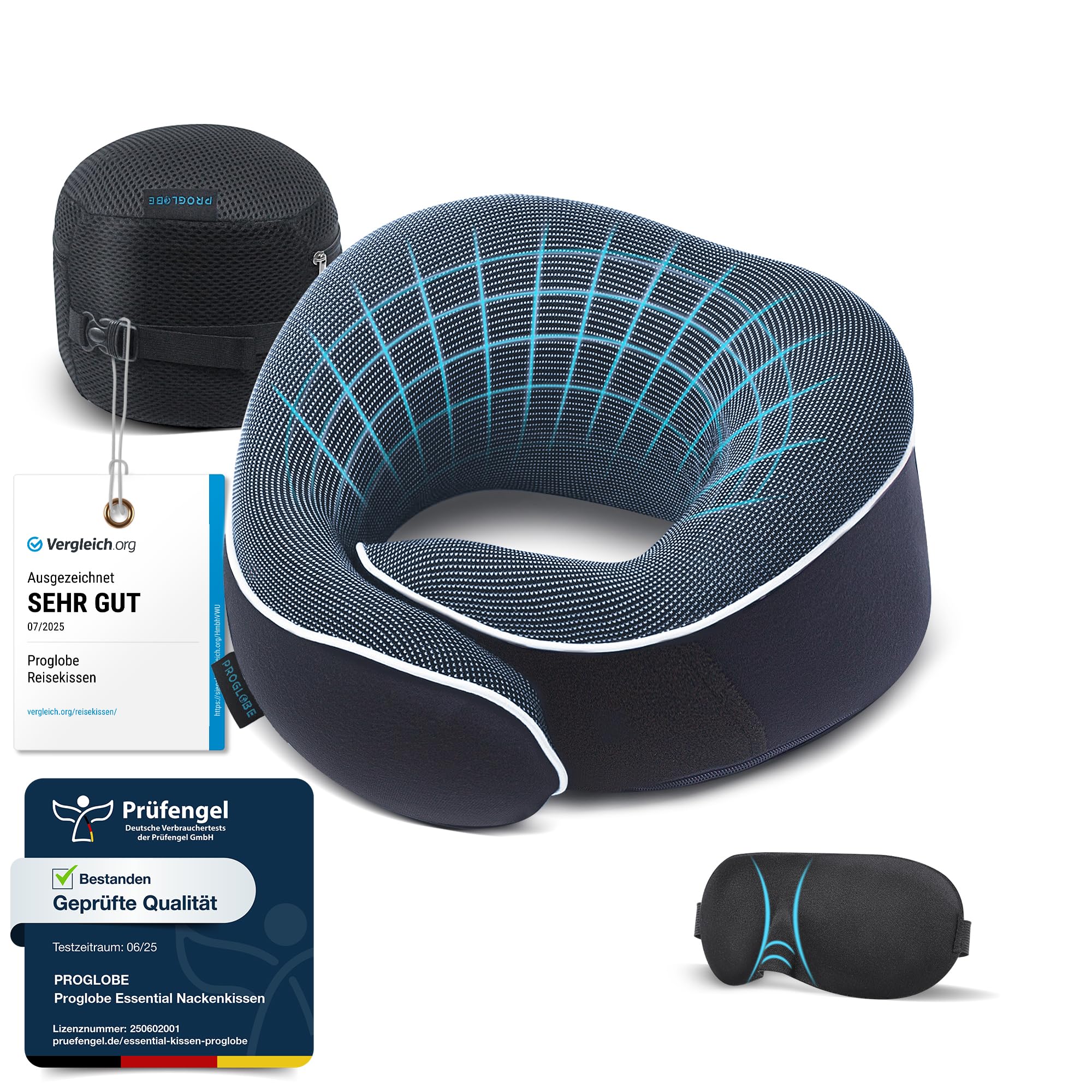 Proglobe Nackenkissen Flugzeug, Reisekissen 100% Memory Foam, Orthopädisches Nackenhörnchen, Für Reisen mit Flugzeug, Auto, Zug, Mit 3D-Schlafmaske, Hochwertige Netztasche (Blau)