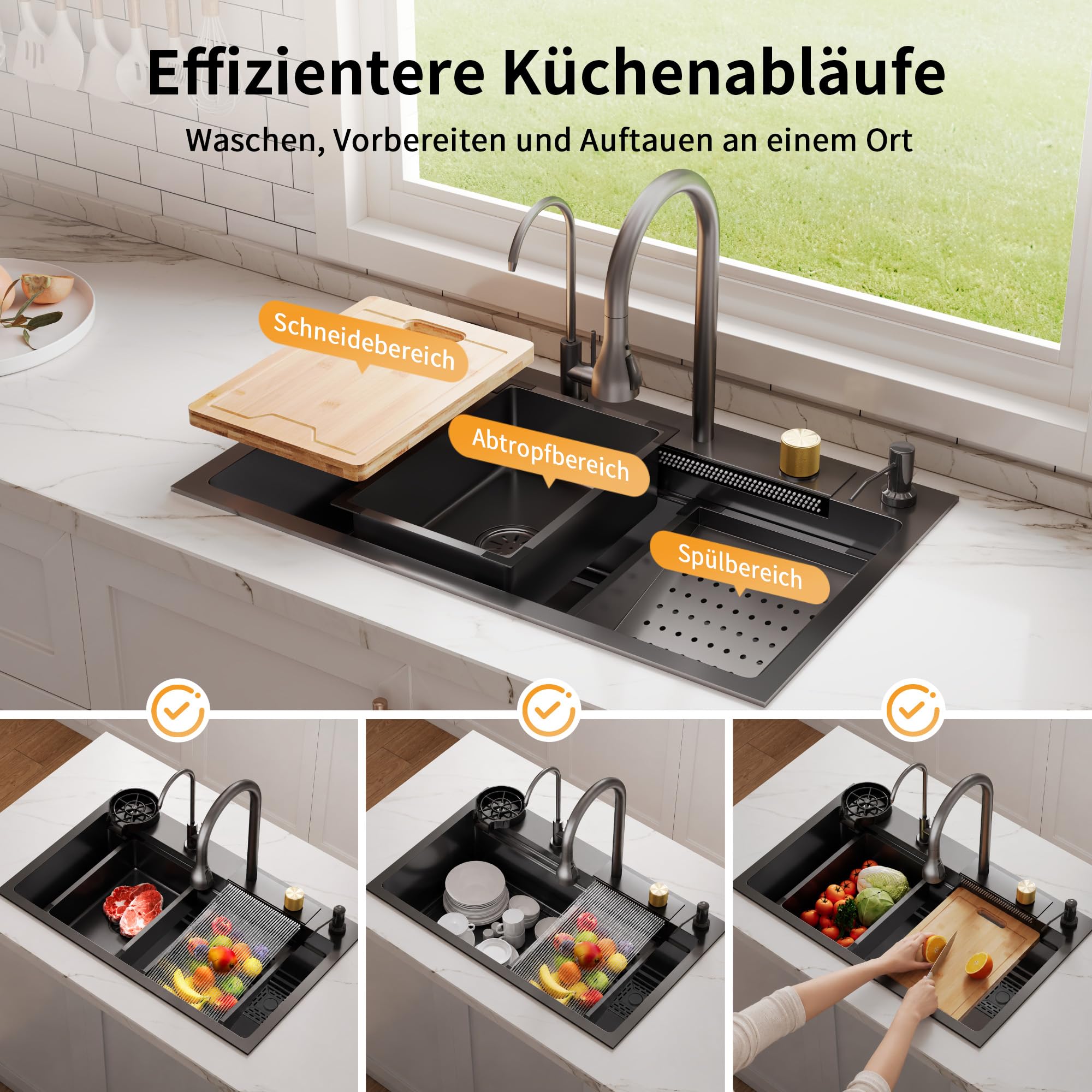DeerValley Edelstahlspüle, Multifunktionsspüle aus Edelstahl 304 mit ausziehbarem Wasserhahn, Hochdruck-Glasreiniger, Wasserfall, Seifenspender und Arbeitsschiene für Küche - Dunkelgrau