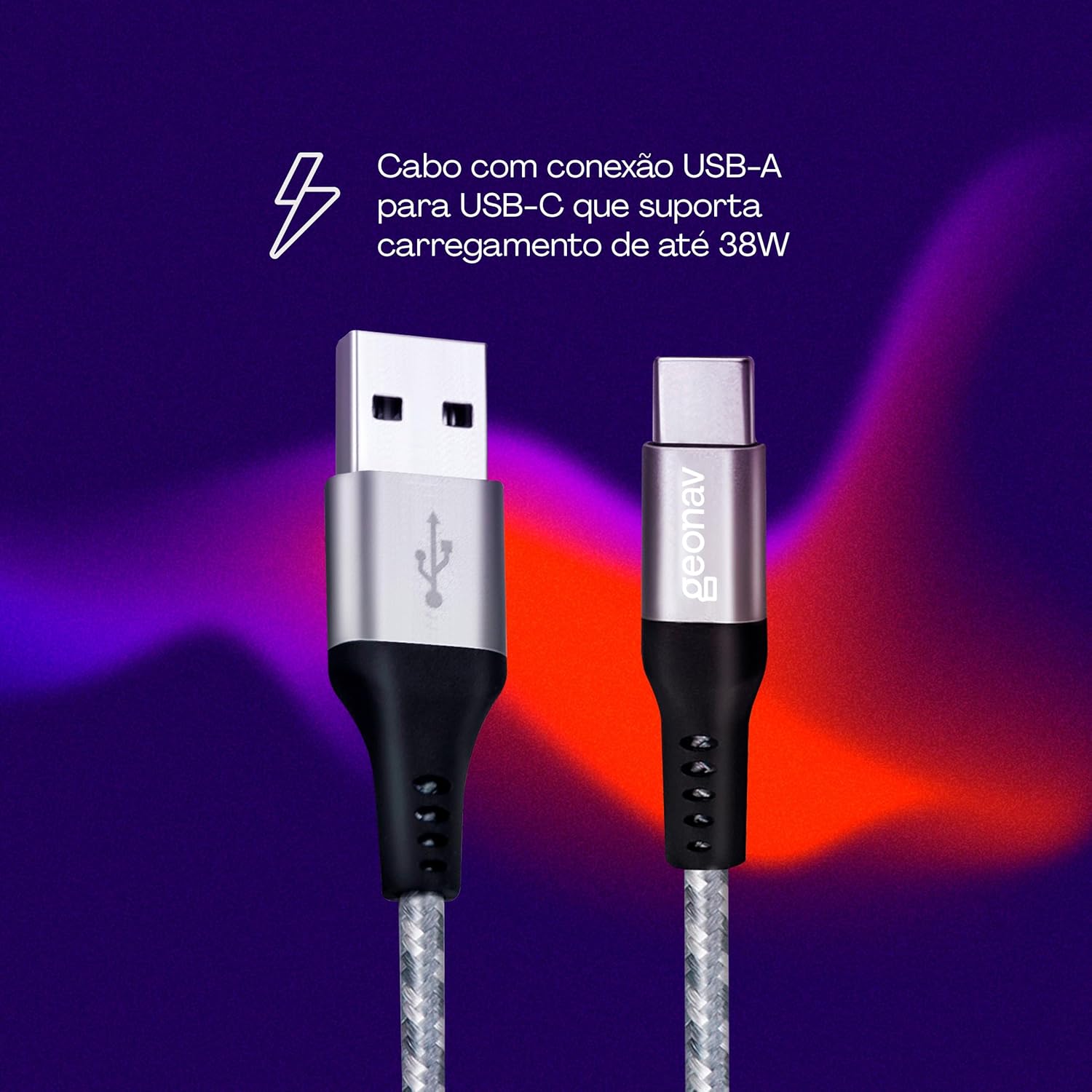 Geonav Cabo USB-C (tipo C) para USB, carregamento rápido, nylon trançado, 1,5MT, UCC06, Cinza/Branco