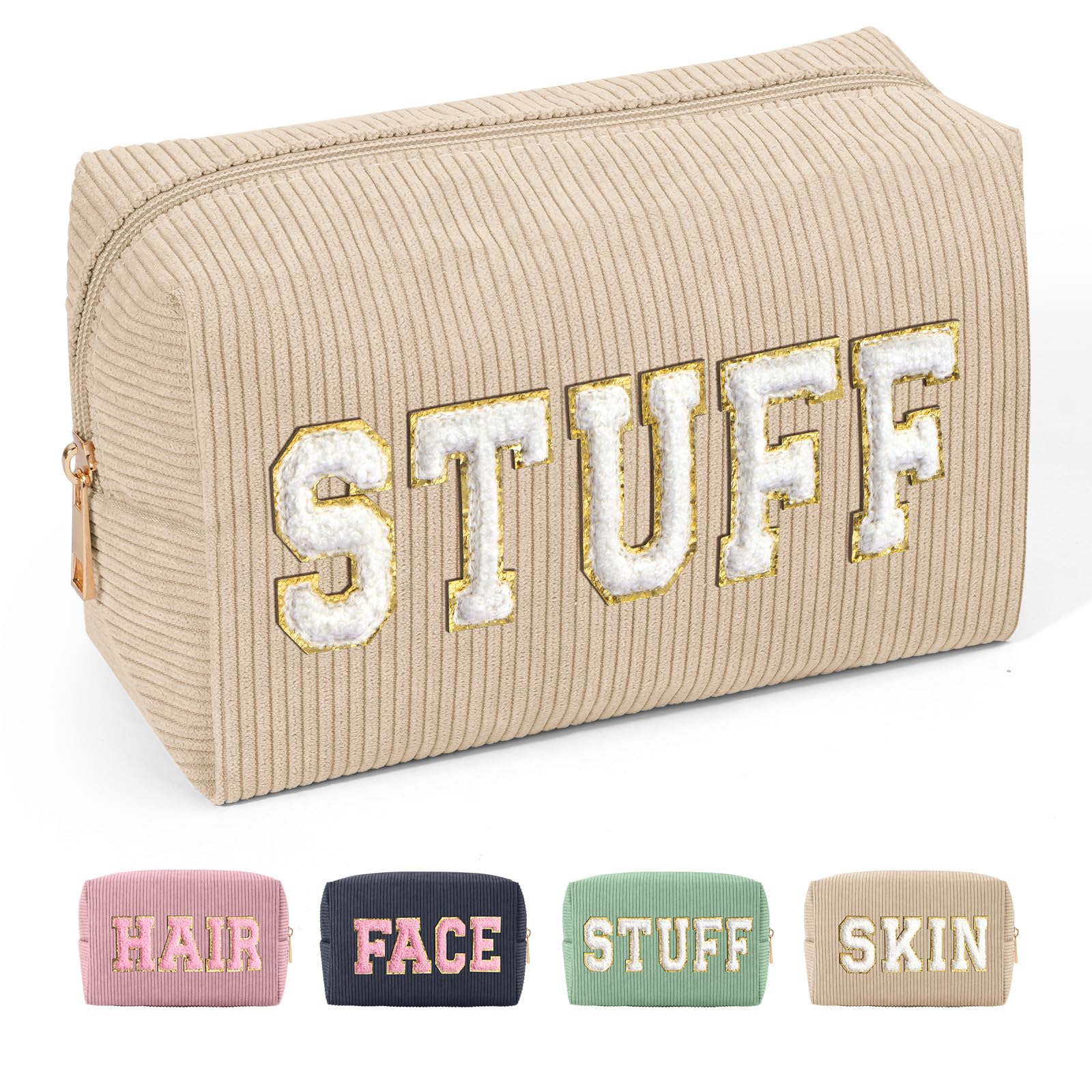 MAGEFY Corduroy Makeup Bag Small Makeup Bag for Purse with Compartments Cute Makeup Pouch Cosmetic Bag for Women Friends Preppy Gifts (Beige, STUFF)