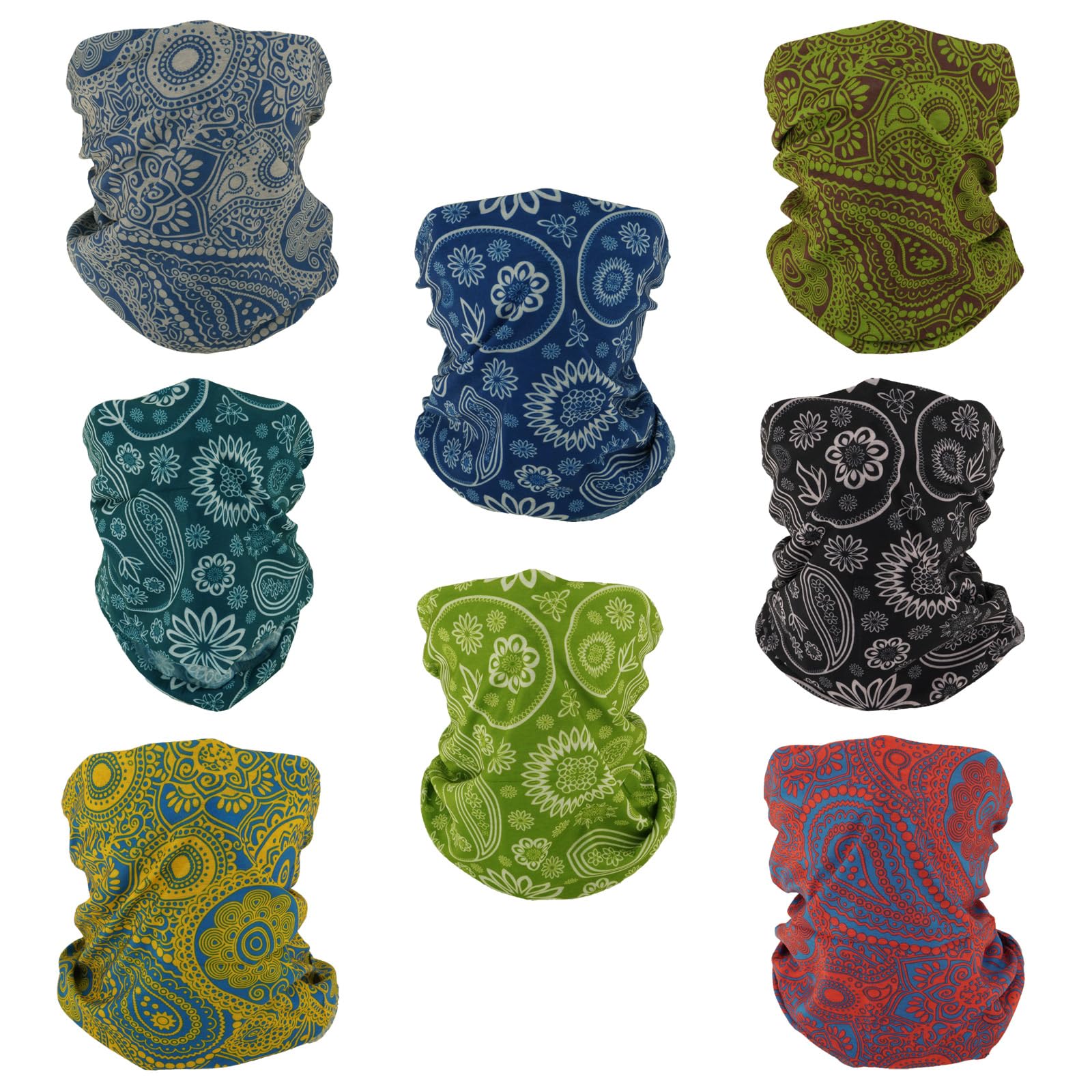8 Bandanas Polyvalents pour Femmes Hommes Bandeau Cagoule Cheveux Foulard Visage Demi Masque Cache-Cou Respirant Réutilisable Lavable Noir Jaune Rouge Bleu Vert Fleur Cajou
