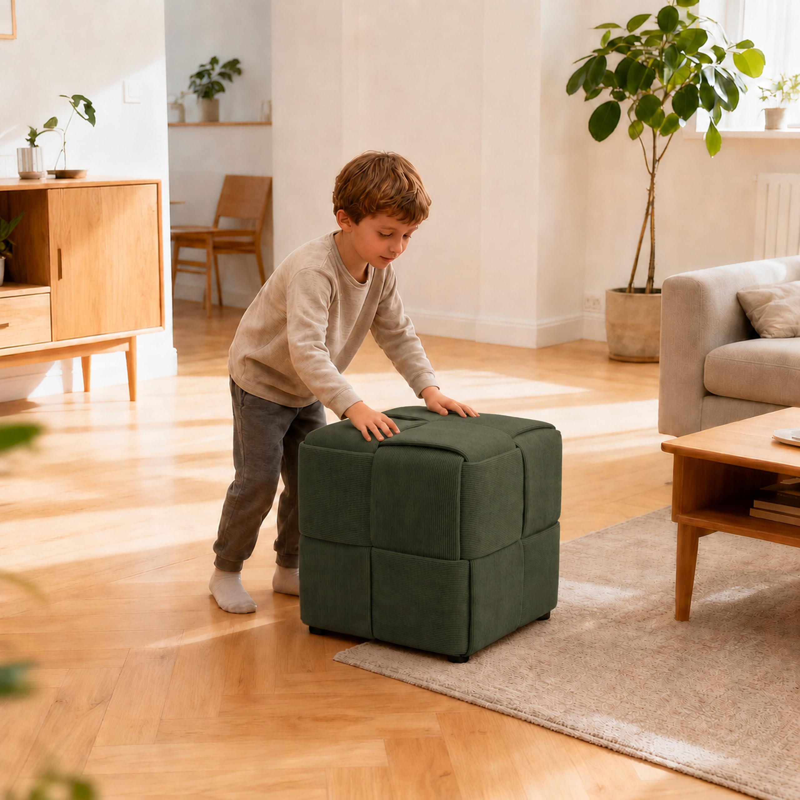 Zedelmaier Sitzhocker aus Cord, Sitzwürfel 40 x 40 x 40 cm, Dunkelgrün | Handgefertigtes Kreuzgeflecht, weicher Cordbezug, quadratischer Polsterhocker, als Fußhocker & Sofahocker, bis 150 kg