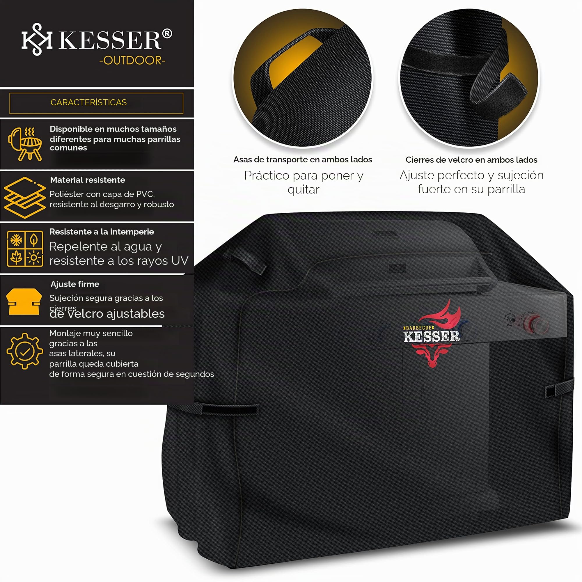 KESSER® Funda para Barbacoa Resistente a la Intemperie |Grill Cubierta para Weber, Brinkmann Char Broil Parilla | Tejido Oxford 600D | 147 x 61 x 122 cm, Negro