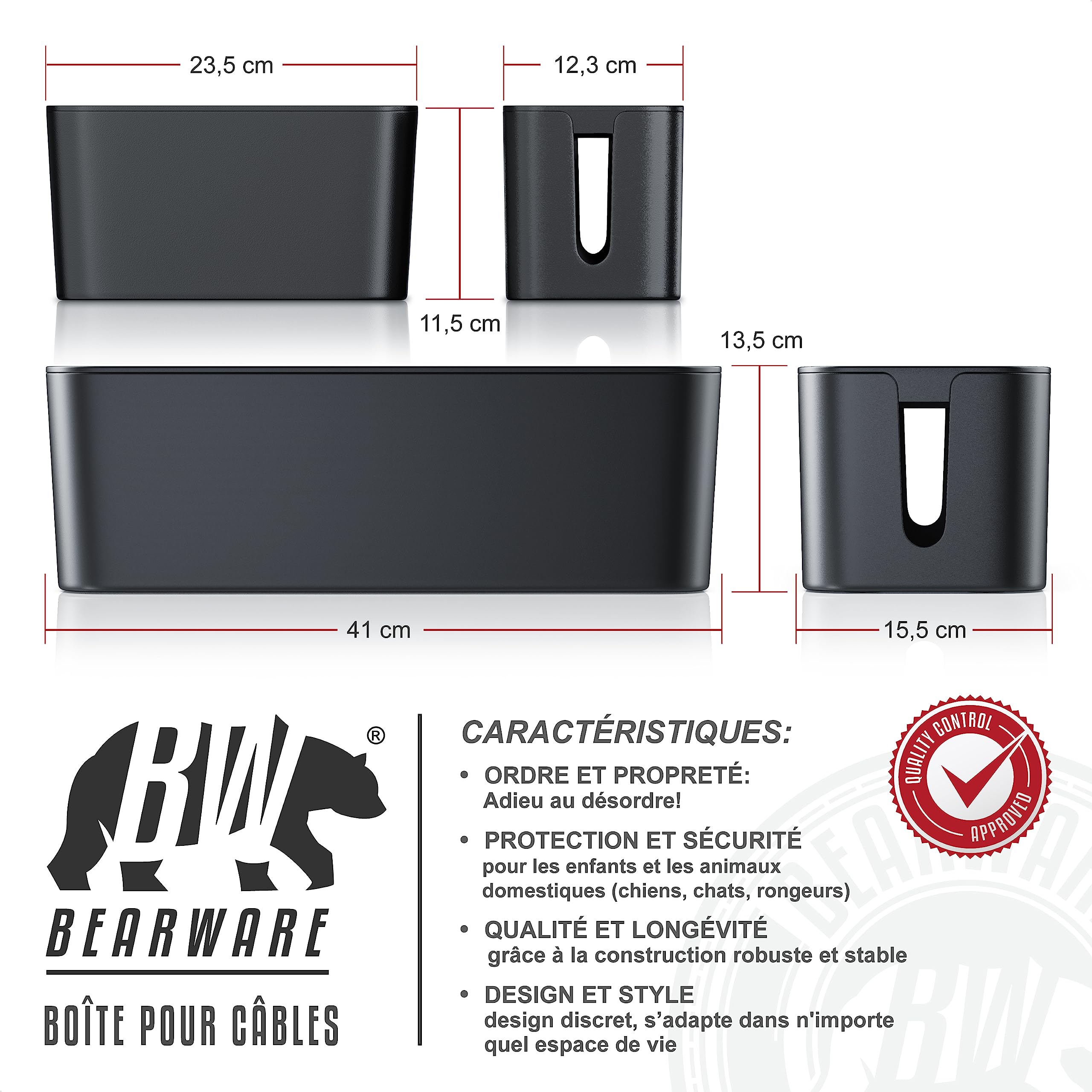 Set de 2 Boîte de Rangement pour Câbles, boîtes à câbles, Gestion des câbles, Boîte Cache Câble Multiprise, Organisateur de Cable Bureau, 2 Tailles, Petite et Large, Noir