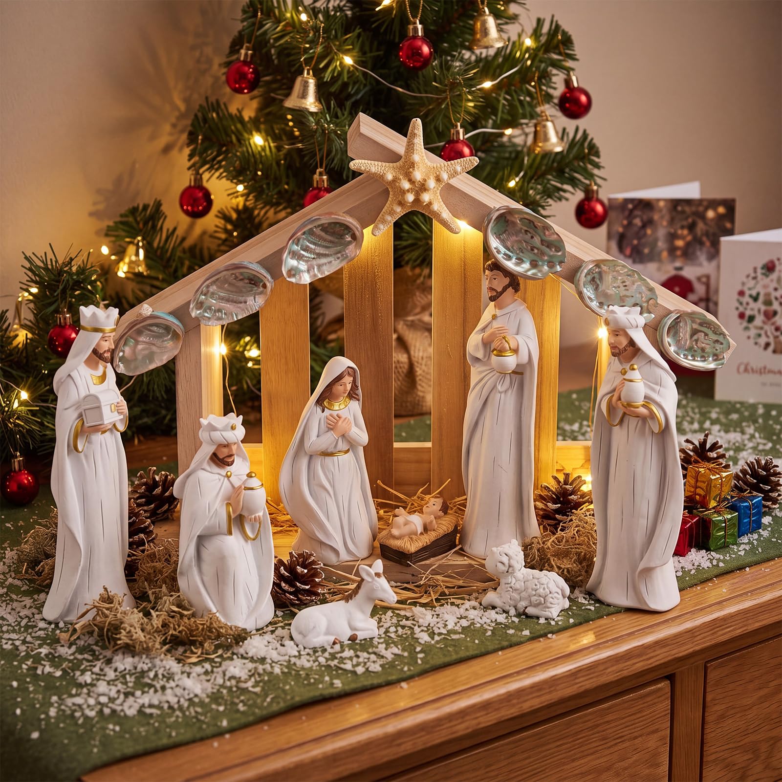 Wesiti Presepe di Natale in legno con stella marina centrotavola per tavoli all'interno scala sacra famiglia stabile in legno asilo nido decorazione scrivania casa 15,2 x 12,7 cm
