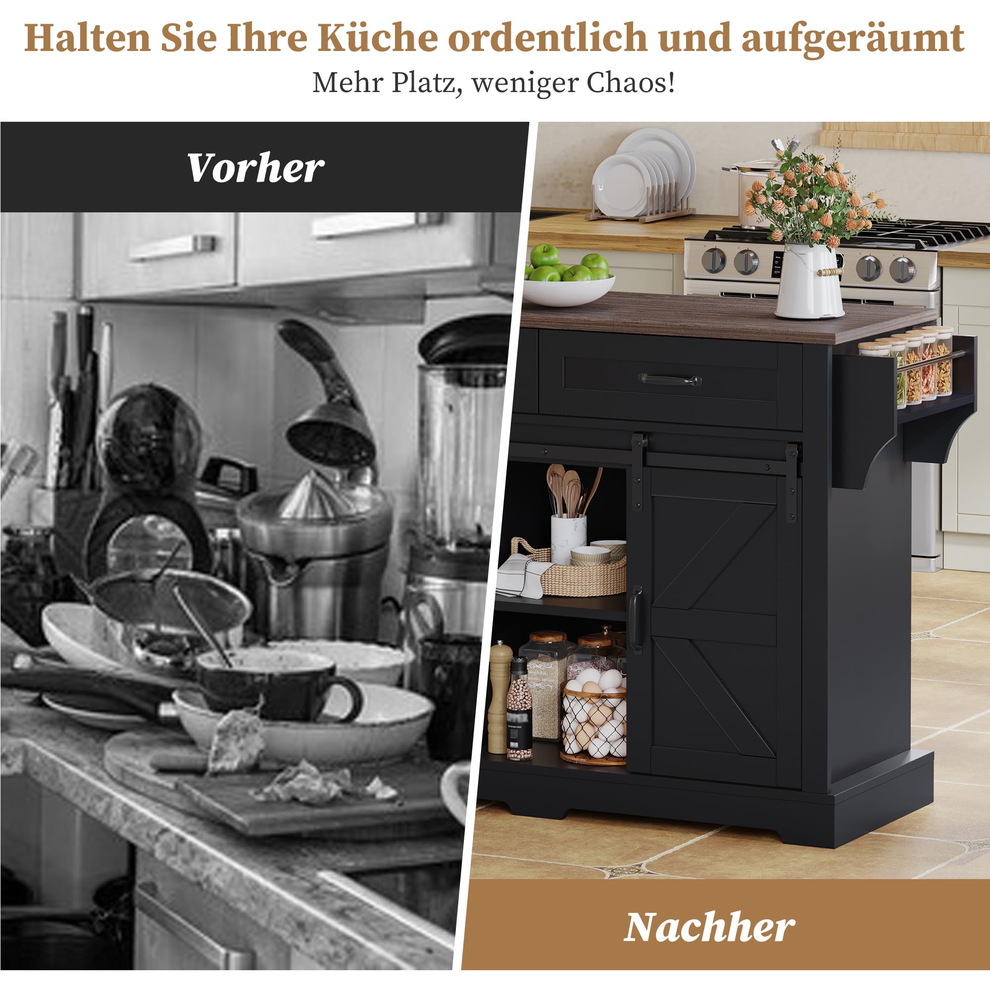 Merax Kücheninsel Freistehend mit Klappbarer Arbeitsplatte, Bewegliche Küchenwagenl mit Schiebetüren, 5 Rollen, Schrank, 2 Schubladen, Gewürzregal und Handtuchhalter, 120x70x91cm (Schwarz)