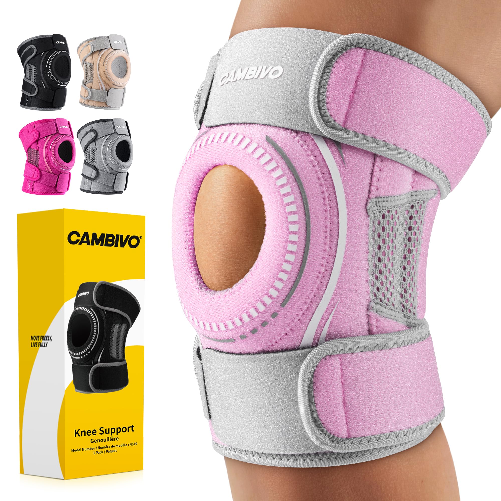 CAMBIVO ELITE Knee Brace for Women & Men with Side Stabilizers, Patella Gel Pads Brace for Meniscus Tear for Maximum Knee Pain Support (Baby Pink, Medium)