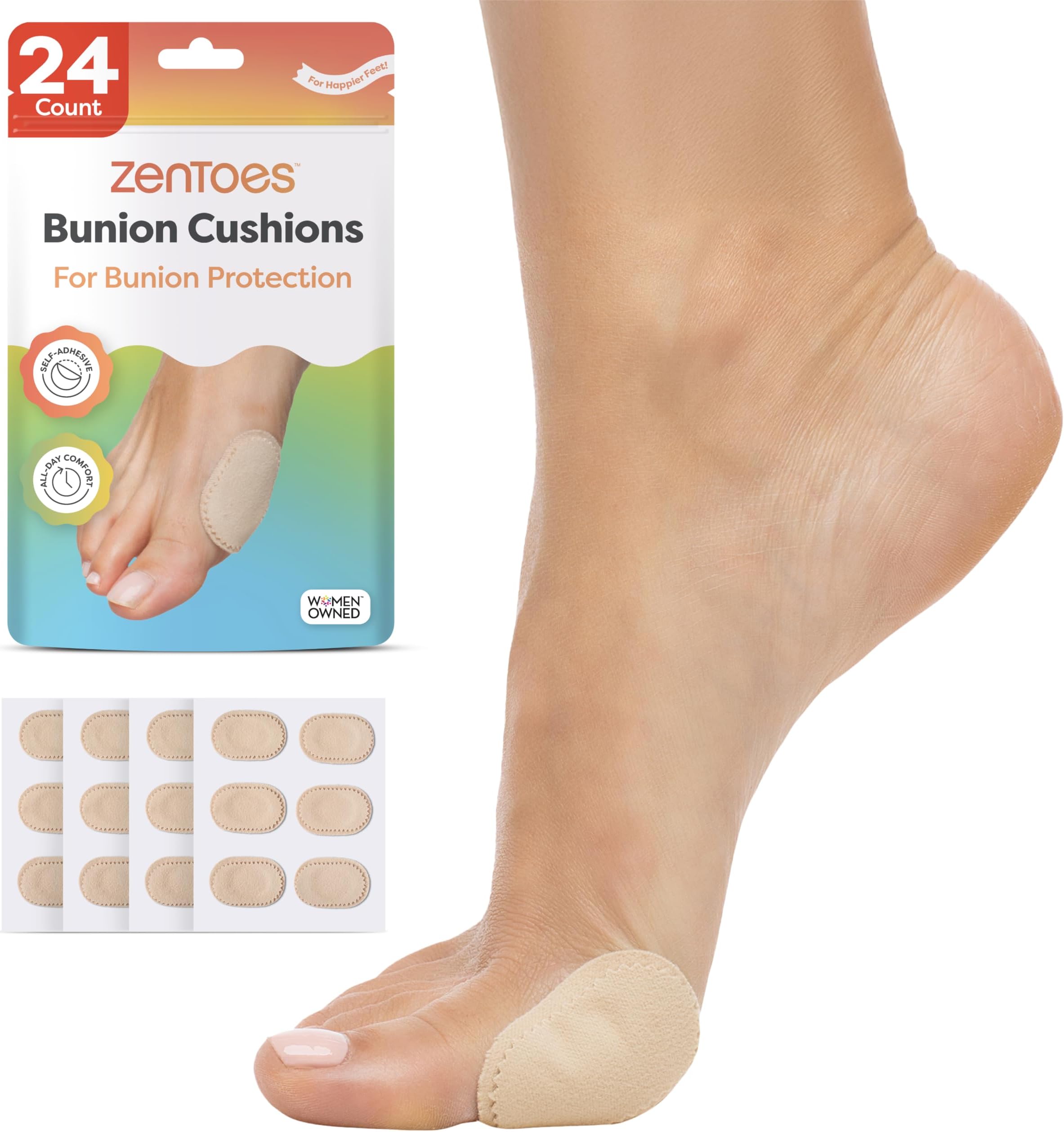 ZenToes Bunion Pads to Wear with Shoes โ Waterproof Soft Bunion Cushion Protector, Breathable Adhesive Foot Pad for All Day Comfort & Support, 24 Count