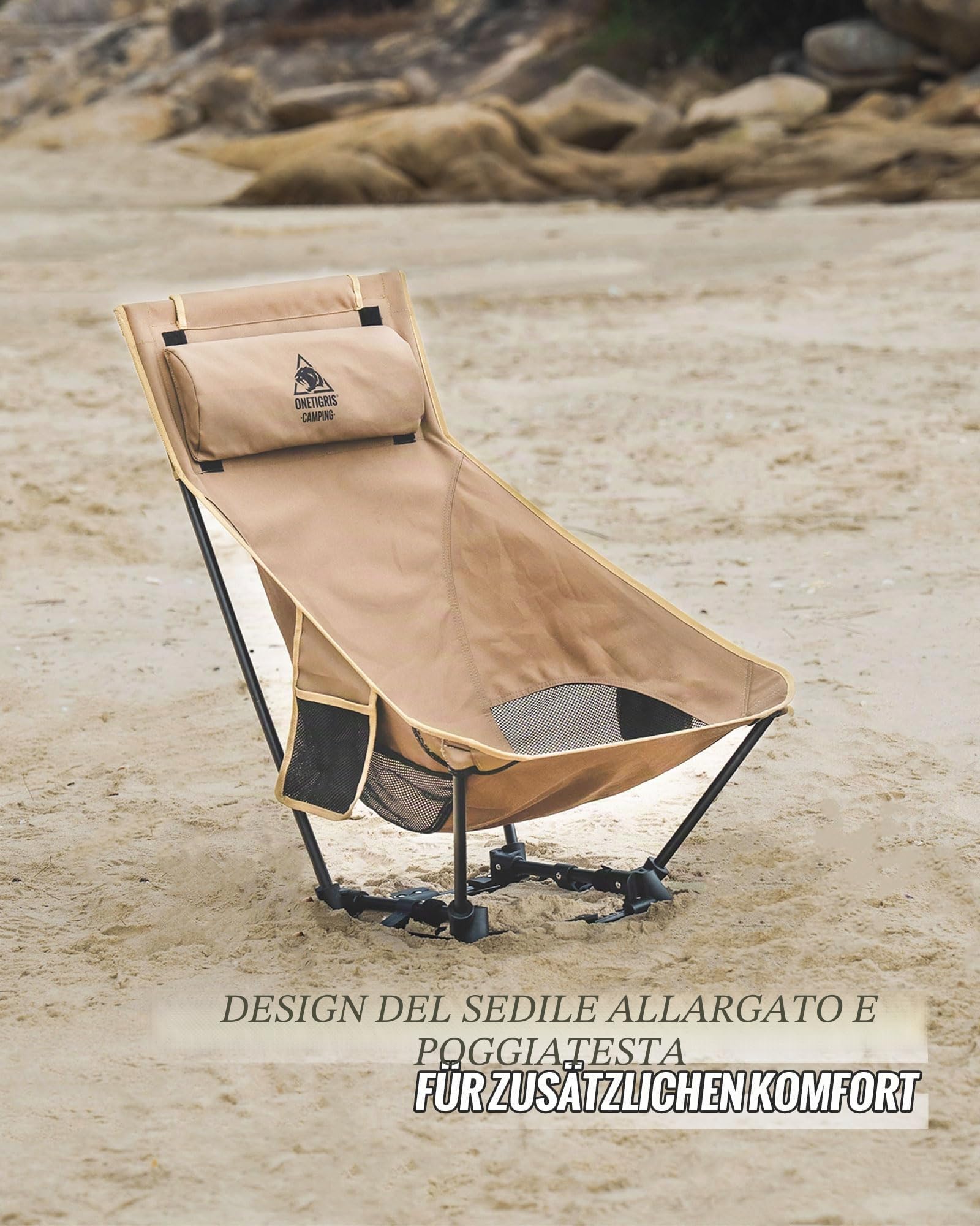 OneTigris Sedia da Campeggio Dragonhide, Sedia con Schienale Alto, Sedia Pieghevole, 150 kg, Sedia da Campeggio Leggera, Sedia da Pesca Pieghevole con 2 Tasche Laterali, Sedia Pieghevole Ultraleggera