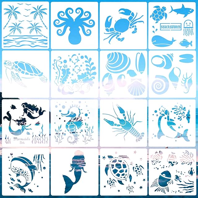 16Pcs Sea Ocean Creatures Stencils, Reusable Washable Plastic Marine Life Animal Painting Drawing Stencils, Mermaid Painting Stencils, Art Stencils and Templates for Painting DIY Craft Projects