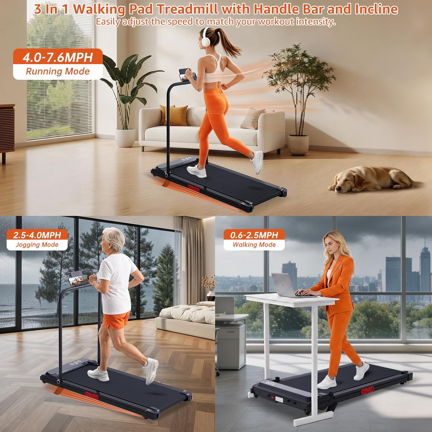 Walking Pad Treadmill with Handle Bar, 3.0HP Portable Electric Treadmills for Exercising, 0.6-7.6MPH Mini Walking Pad Treadmill with Incline, Under Desk Treadmills for Home Small, 350LBS image 2