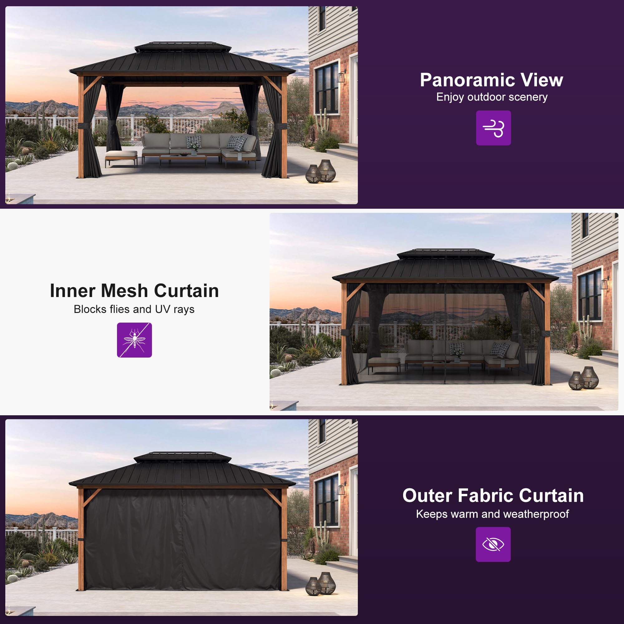 PURPLE LEAF 12' X 14' Patio Hardtop Gazebo Double Top Outdoor Screen Aluminum Solarium Backyard with Detachable Windows: 10' X 14' Gazebo with Solar Lights