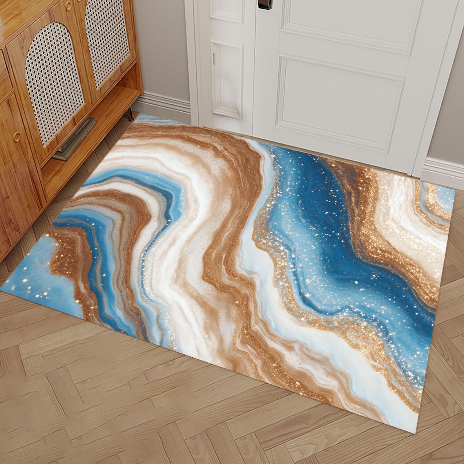 Paillasson fin pour couloir et entrée propre au motif vagues bleu-brun