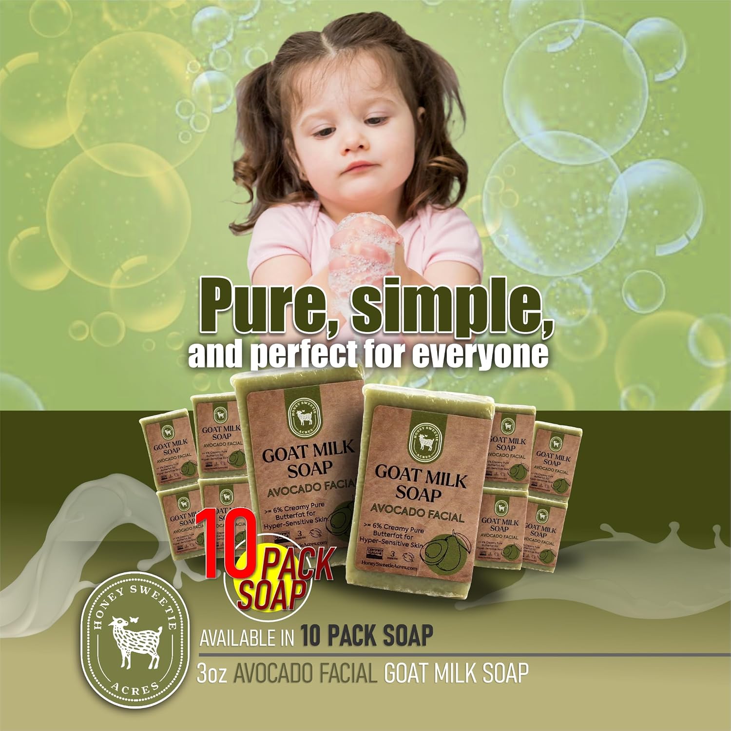 Honey Sweetie Acres Fresh Off The Goat All Natural Moisturizing 10-Pack of 3 Oz Avocado & Goat Milk Facial Cleansing Bar – Handcrafted, Eco-Friendly – Made in USA (10)