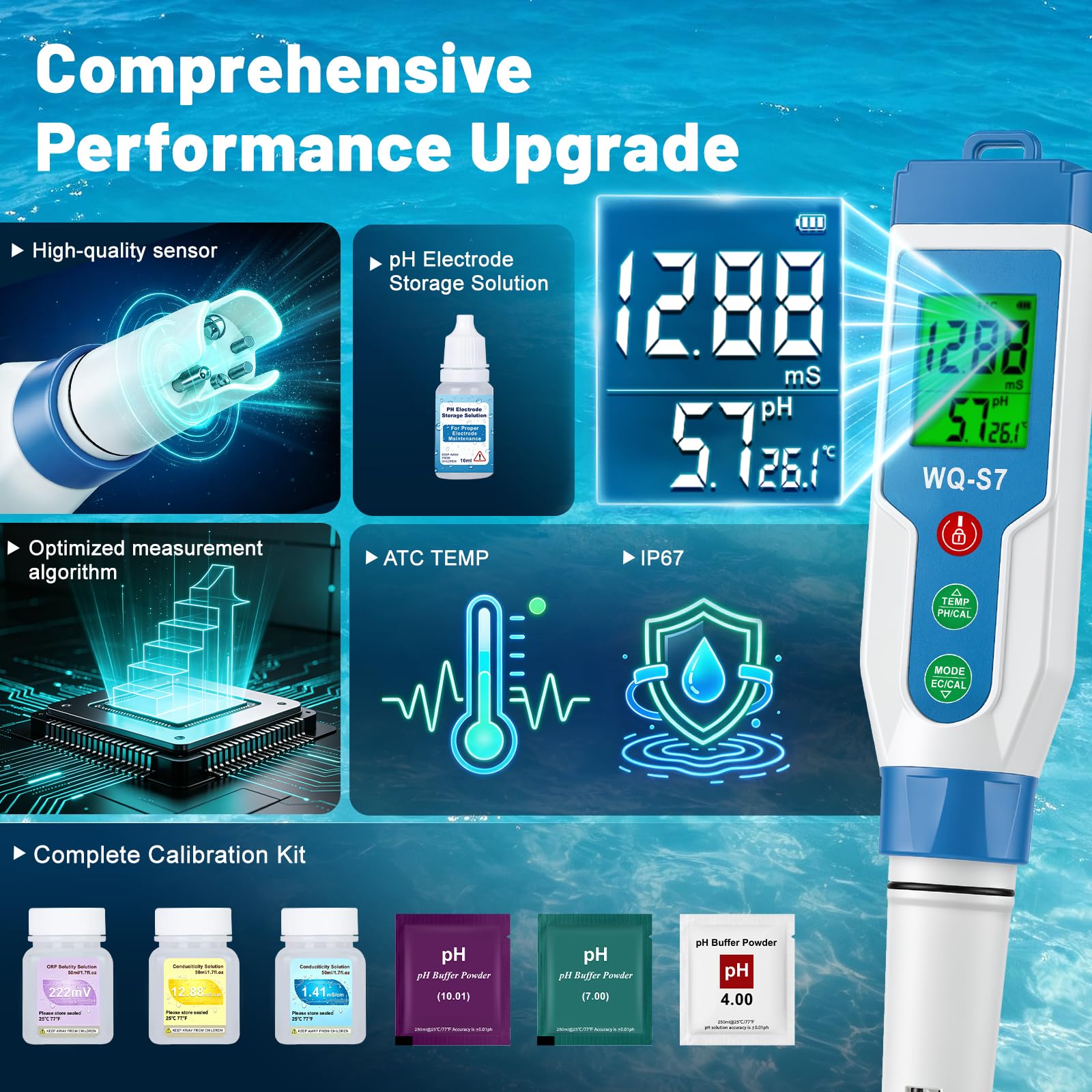 Salzgehalt pH Pool Messgerät, Salzgehalt Pool Messen für Salzwass Pool, 7 in 1 pool Wassertester TDS ORP Messgerät für Salzwasser Chlor Pool, Aquarium, Whirlpool