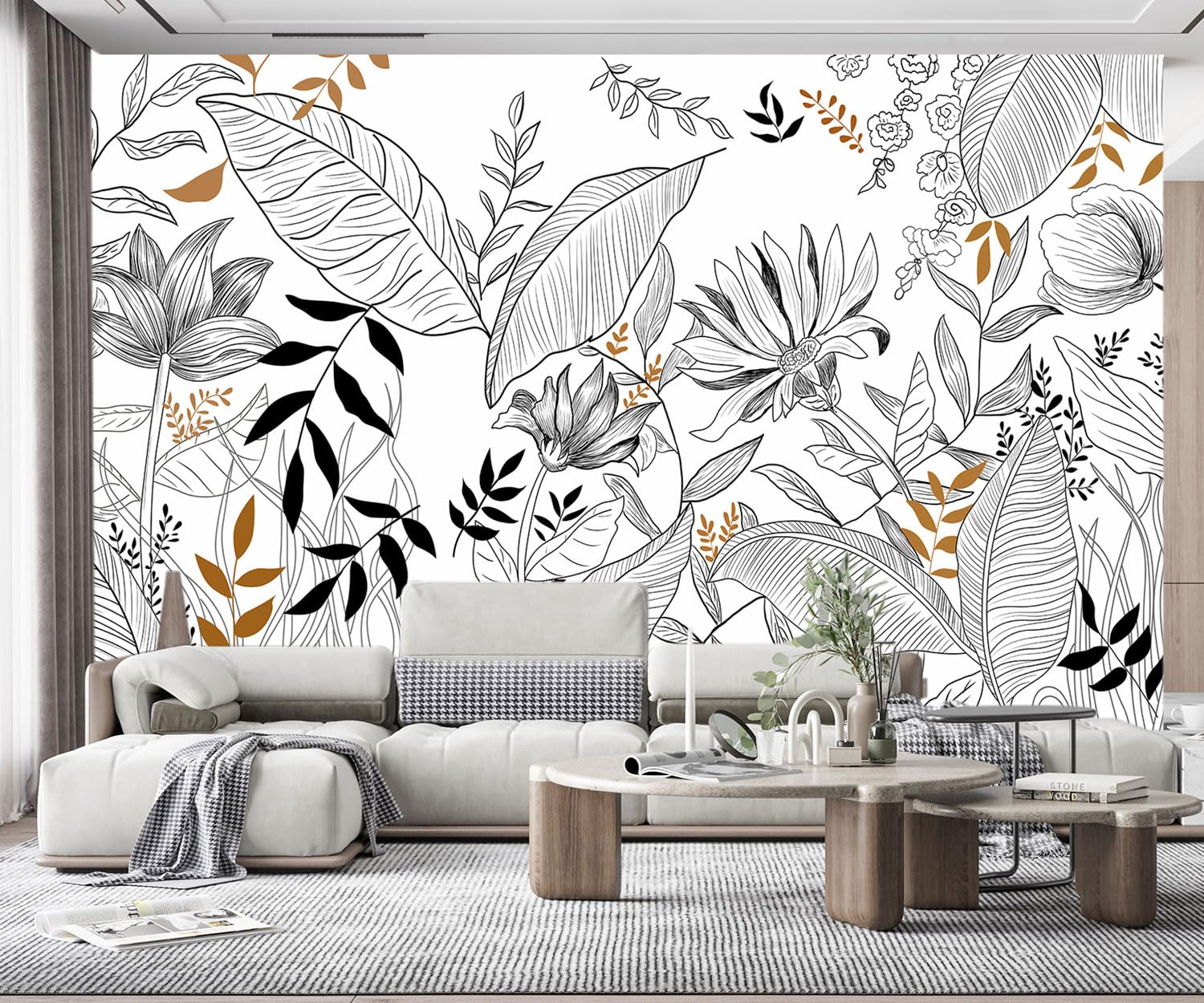 songqians Wallpaper 3D Mural Black and White Floral Leaf Lines Murals Wallpaper Bedroom and Living Room Decoration -SQ003-430x300cm（Width x Height）