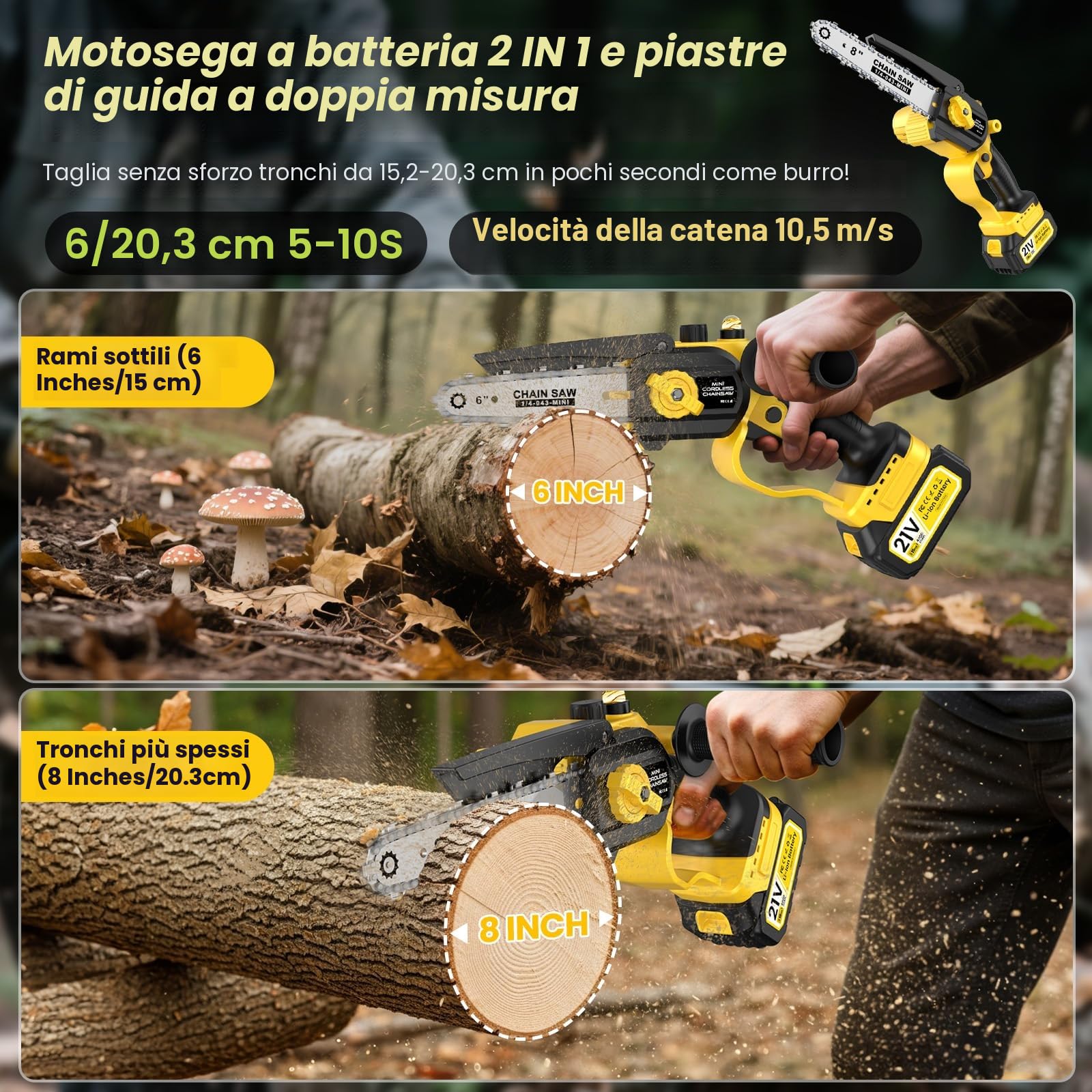Motosega a Batteria, Motosega Elettrica 8000mAh,1000W 8 & 6 Pollici Sega Motosega Elettrica per Potatura con Pompetta Olio e Catena di Ricambio, Motosega da Potatura per il Taglio del Legno Giardini
