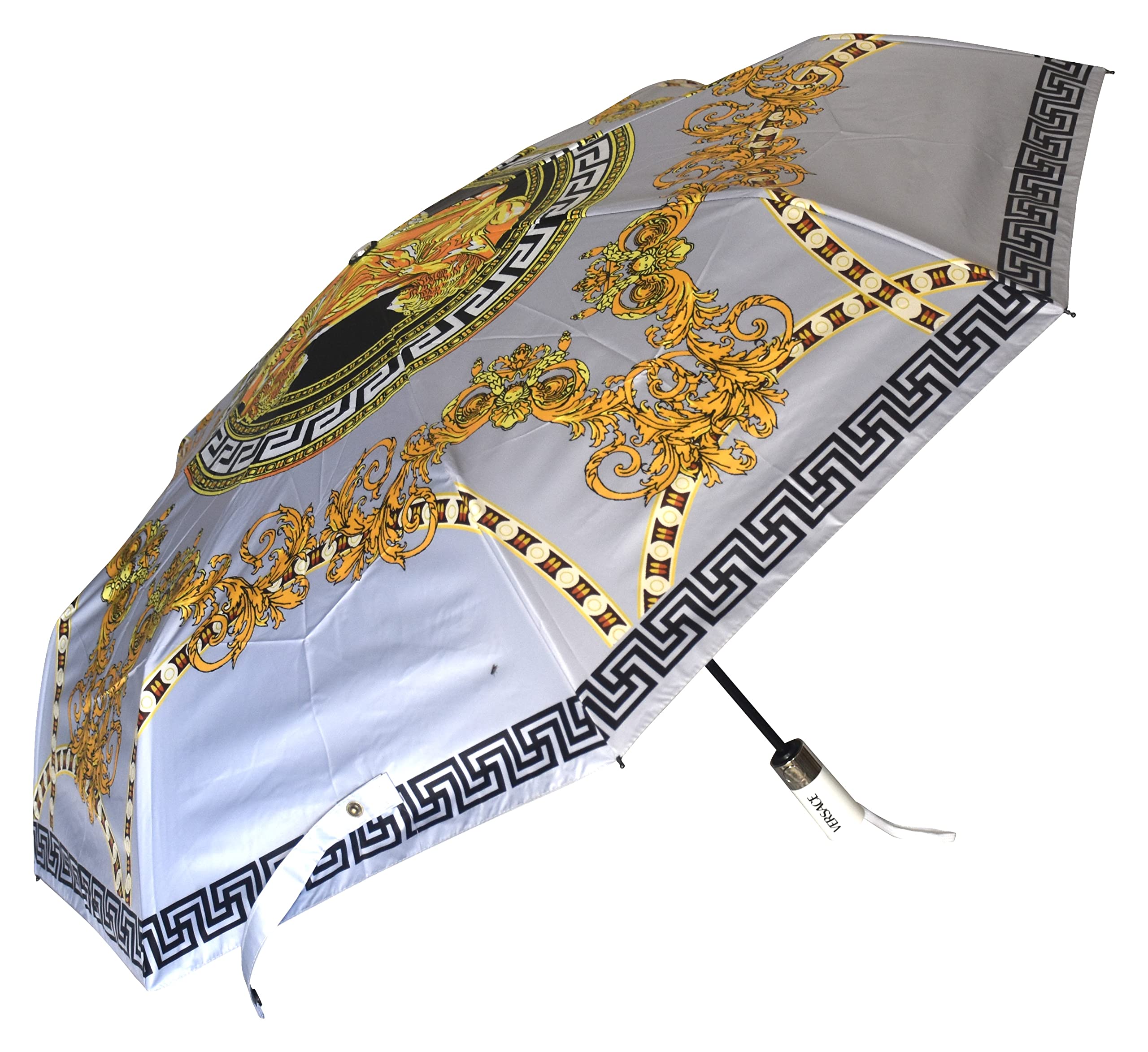 CHAATEWALA™ Luxury Printed Rain Cover for Men & Women, Royal Baroque Design, Windproof Dome Style with Strong Frame and Long Handle (Grey & Gold) 1