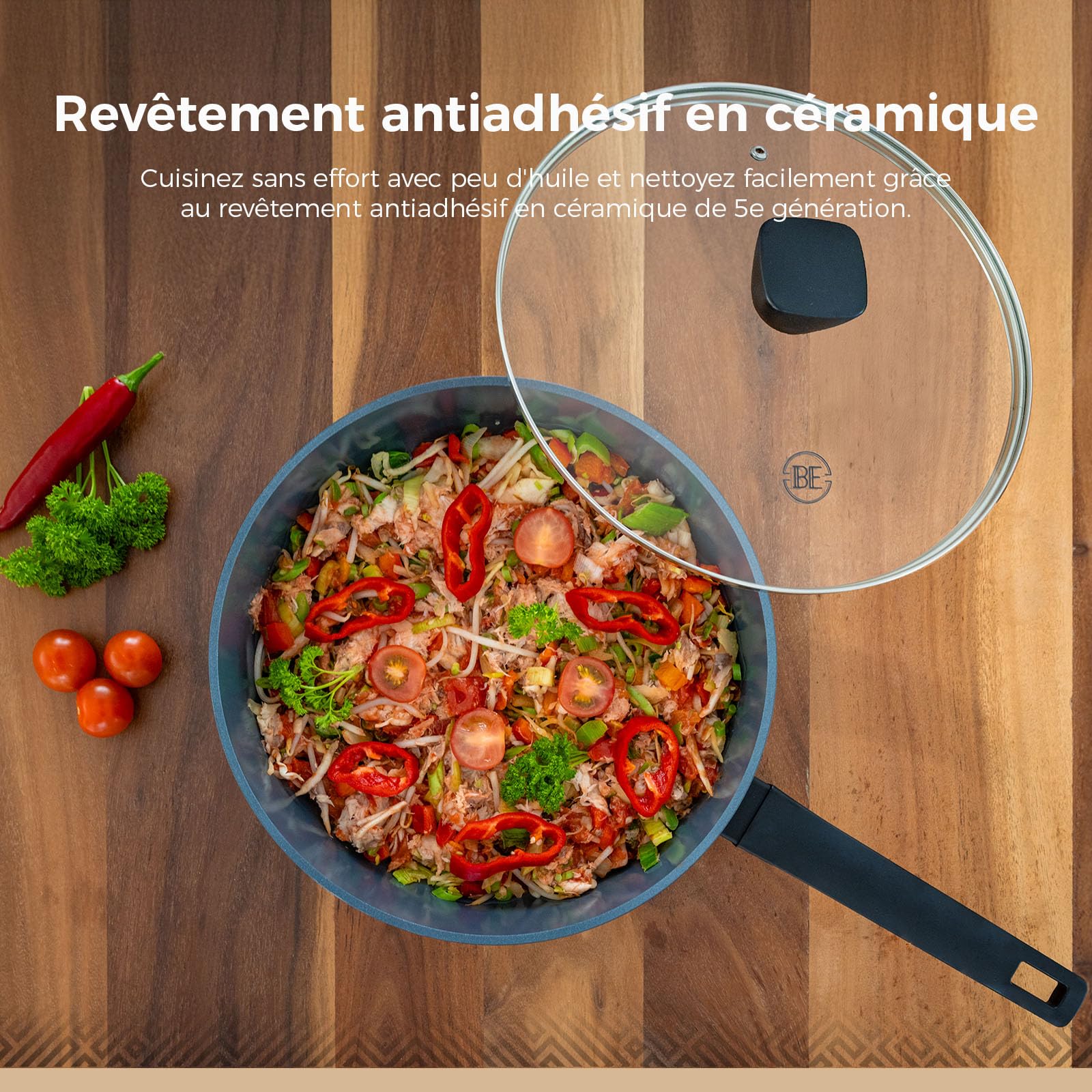 BE Living Poêle Sauteuse avec Couvercle - Ø 28 cm, Bord Haut, Revêtement Céramique Antiadhésif, Induction, Sans PTFE et PFOA, Noir
