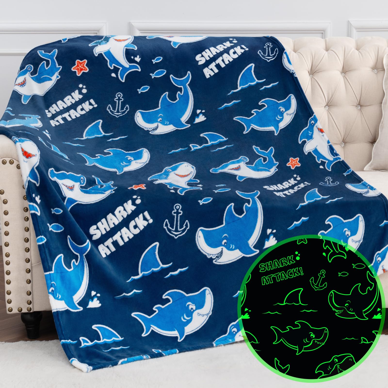 Jekeno Shark Toys Gifts for Boys Girls Glow in the Dark Blanket 50"x 60"
