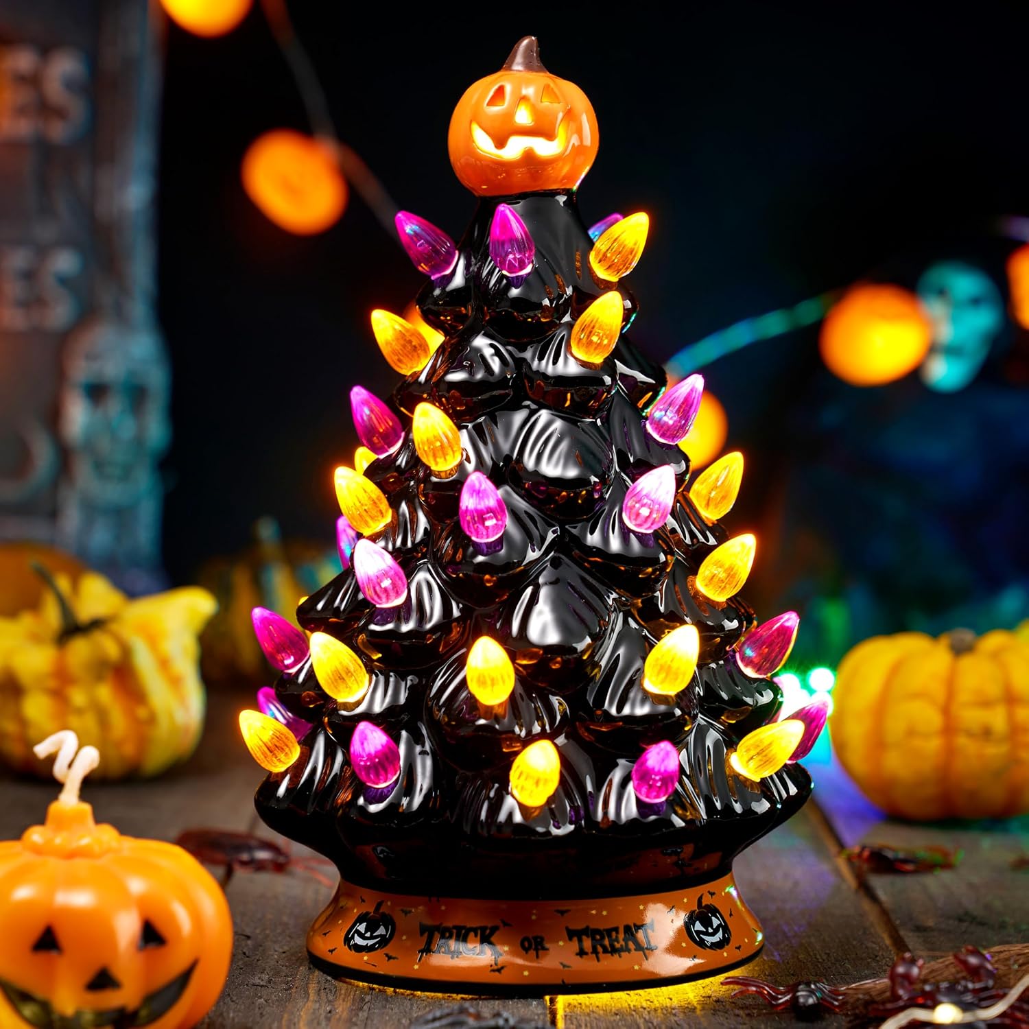JOYIN 8.5 Inch Halloween Ceramic Tree Black Christmas Tree with Orange Pumpkin Over Multicolor Bulbs LED Light Up Battery Operated Light Up Halloween Decorations for Indoor Party Decor Gifts