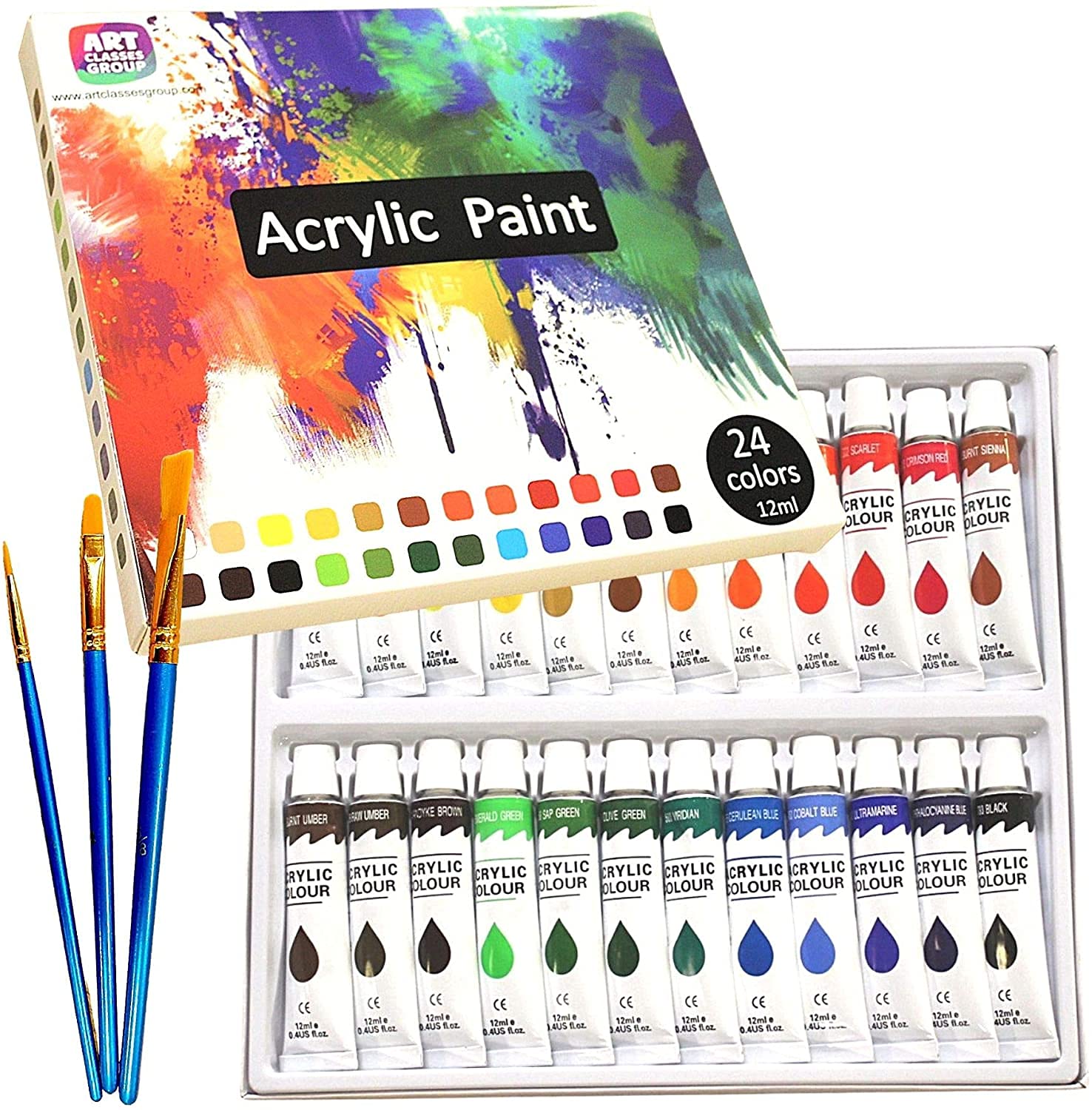 Art Classes Group Acrylic Paint Set of 24 colours and 3 Brushes Premium Quality
