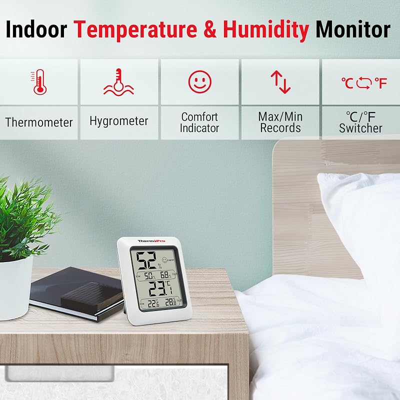 ThermoPro TP50 Digitális Hőmérő és Páratartalom Mérő - Szobai Hőmérséklet Monitor Komfort Zóna Jelzéssel, Mágneses Tartóval, Asztali Állvánn