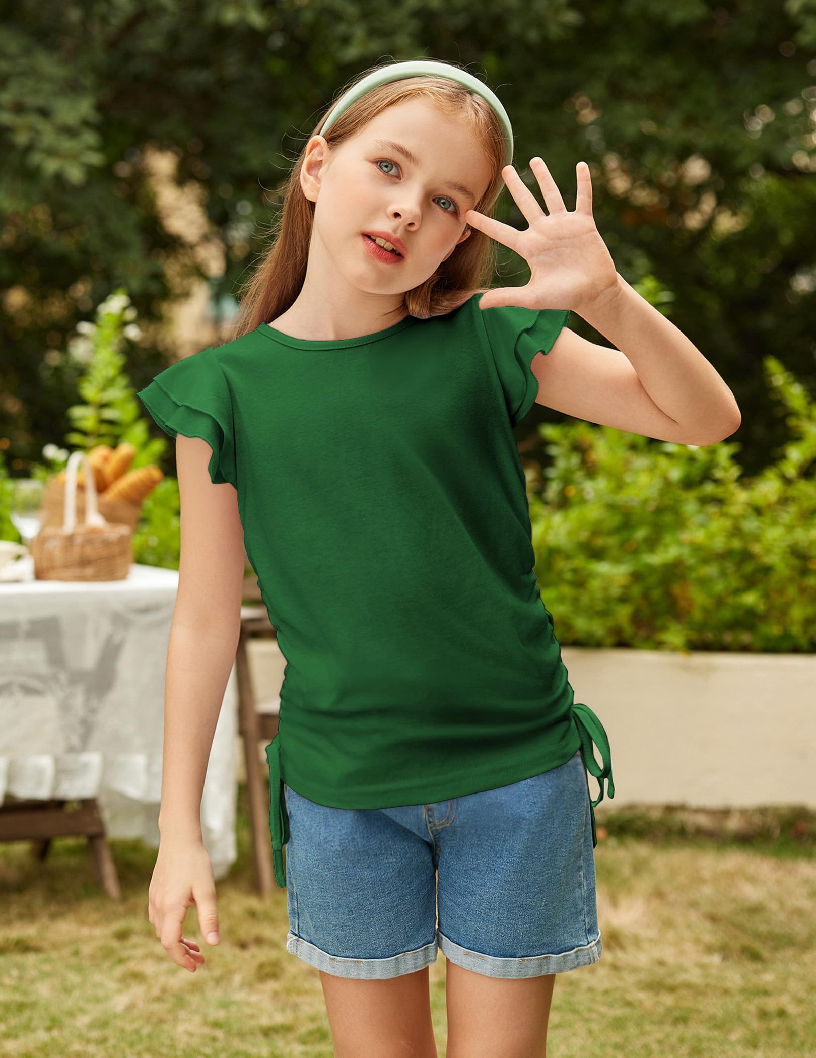Arshiner Dziewczęcy T-shirt z falbankami, dziecięcy t-shirt z okrągłym dekoltem, luźny top, odzież dziecięca ze sznurkiem ściągającym, 5-12 lat