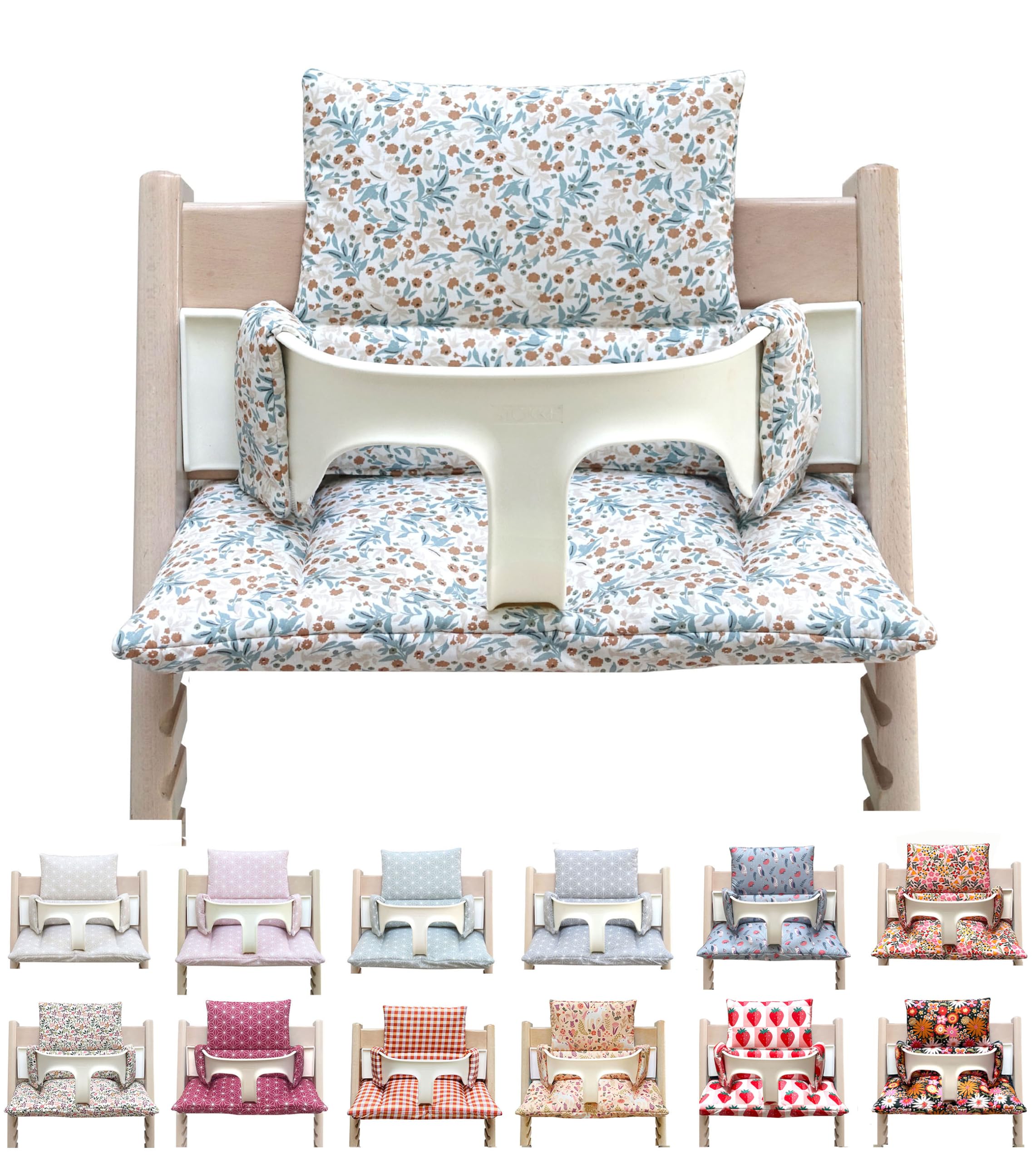 Blausberg Baby - Sitzkissen Set kompatibel mit Tripp Trapp® Stokke Hochstuhl Sitzkissen ABWASCHBAR Oeko-Tex Baumwolle, 6 cm Sitzpolster mit Baby Set & Holzbügel & Tray Table - Blumenwiese Blau