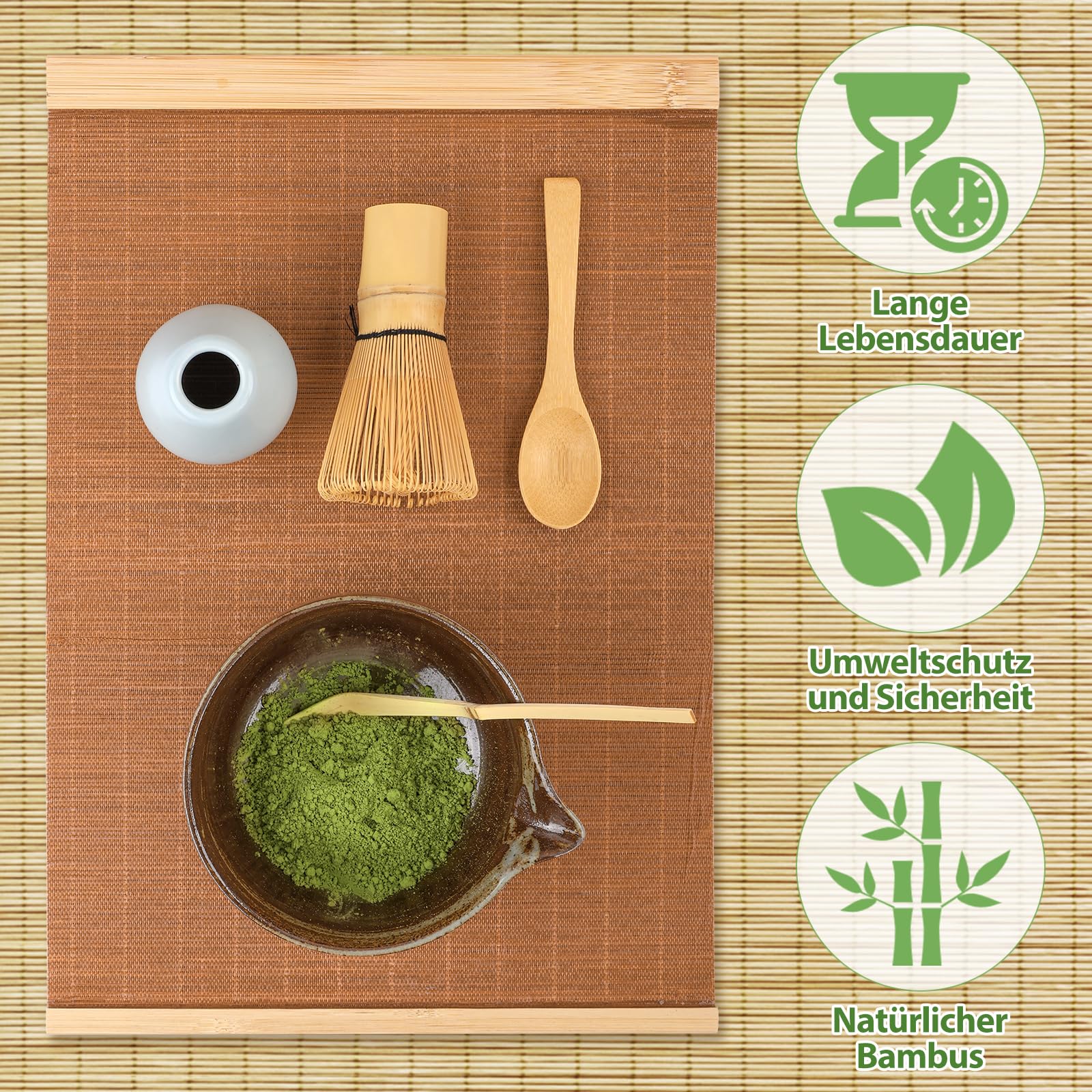 POFIBO Matcha Besen Set - 4-teiliges Matcha Tee Set mit Matcha Whisk, Matcha Löffel, Teepinselhalter aus Keramik, Matcha-Schneebesen-Set, Matchaset, Japanisches Teeset Zubehör für die Matcha-Zeremonie