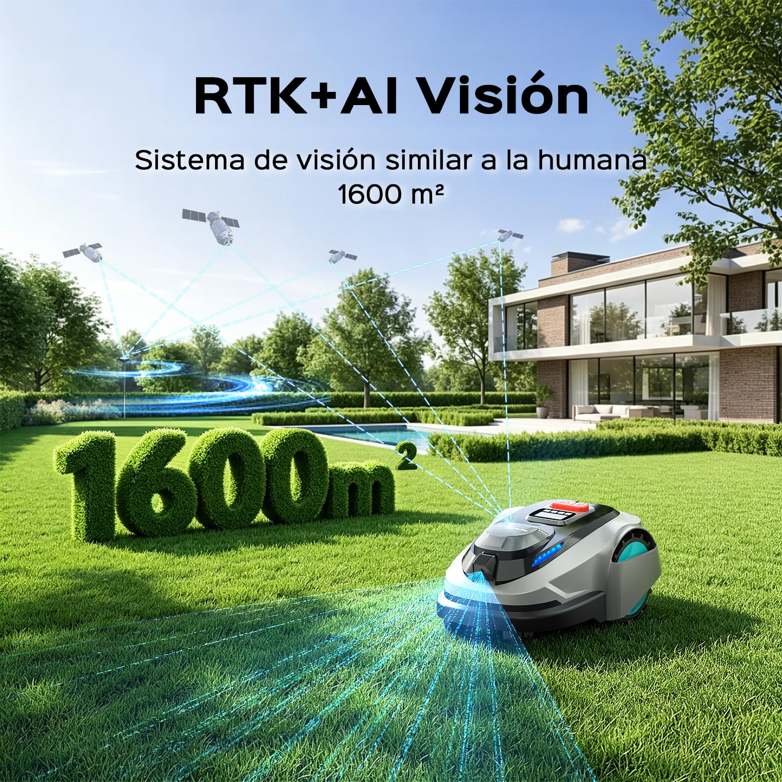 YARDCARE N1600PRO Robot Cortacésped sin Cable Perimetral, hasta 1600 m², Navegación RTK con Reconocimiento 3D del Entorno, Detección de más de 300 Obstáculos, Control por App, Carga Automática