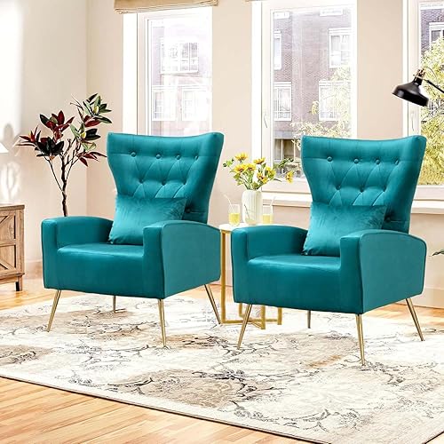 Miniatura 13 de Silla moderna de terciopelo para sala de estar, dormitorio, silla con respaldo alado con brazo y patas doradas, silla auxiliar de recepción de