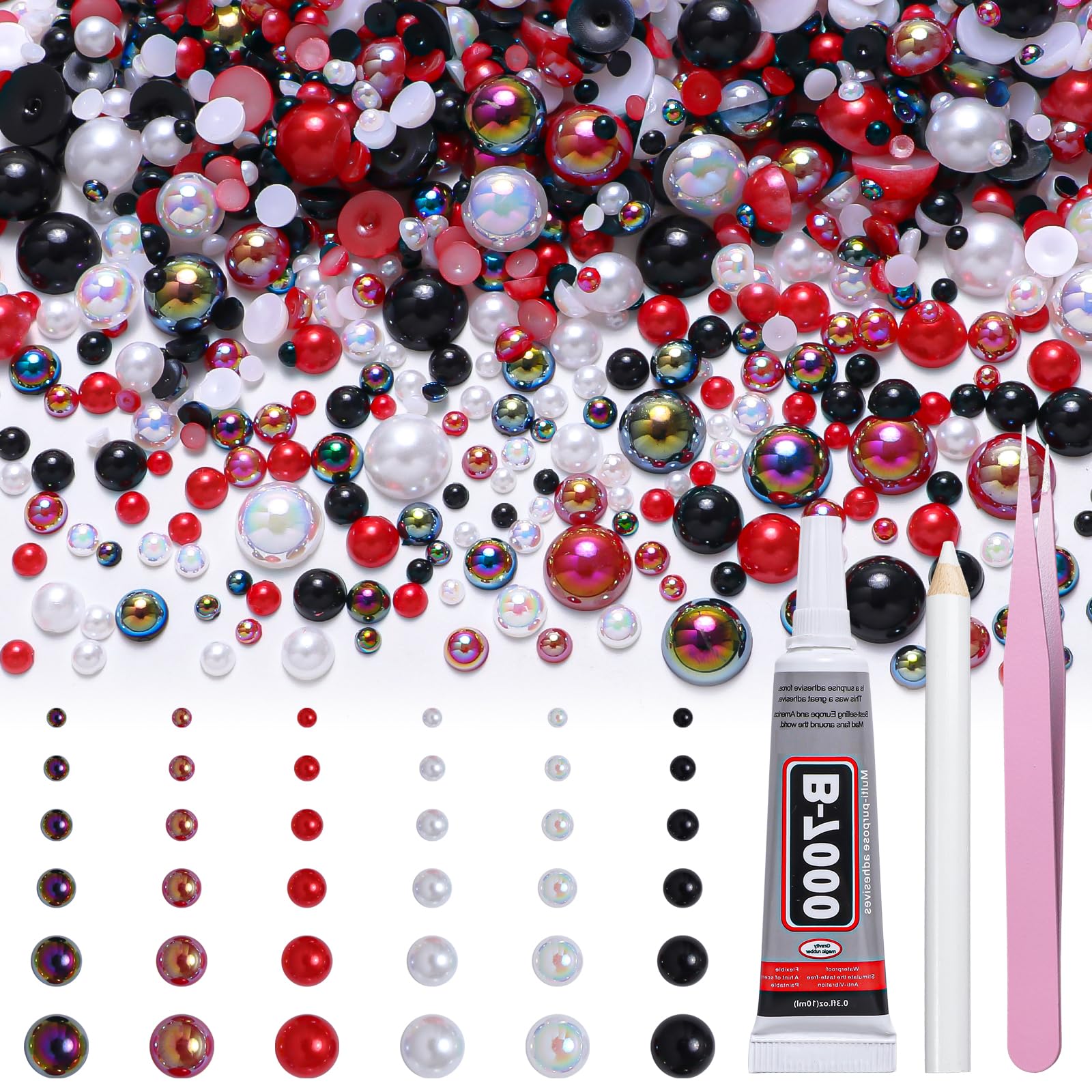 Flatback Pearls for Crafting, 60g Mixed Red Black White Nail Half Pearls and Gems, 3/4/5/6/8/10mm Half Round ABS Flatback Pearl Gems Bedazzling for Crafts Nails DIY Shoes Clothes Bags-image-35