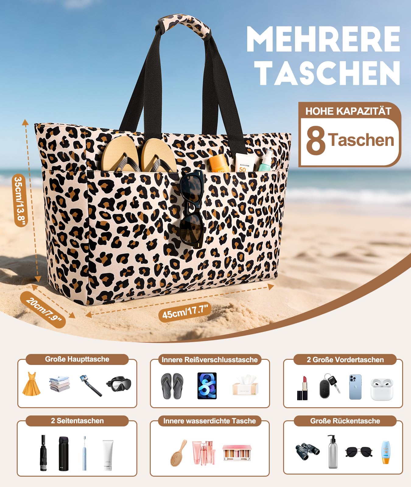 ISEYOU Strandtasche XXL Familie, Groß Strandtasche mit Reißverschluss Wasserdicht Sanddicht, Handtasche Umhängetasche Damen 45L, Faltbar Ultraleicht Badetasche für Urlaub Reisen Fitnessstudio Picknick
