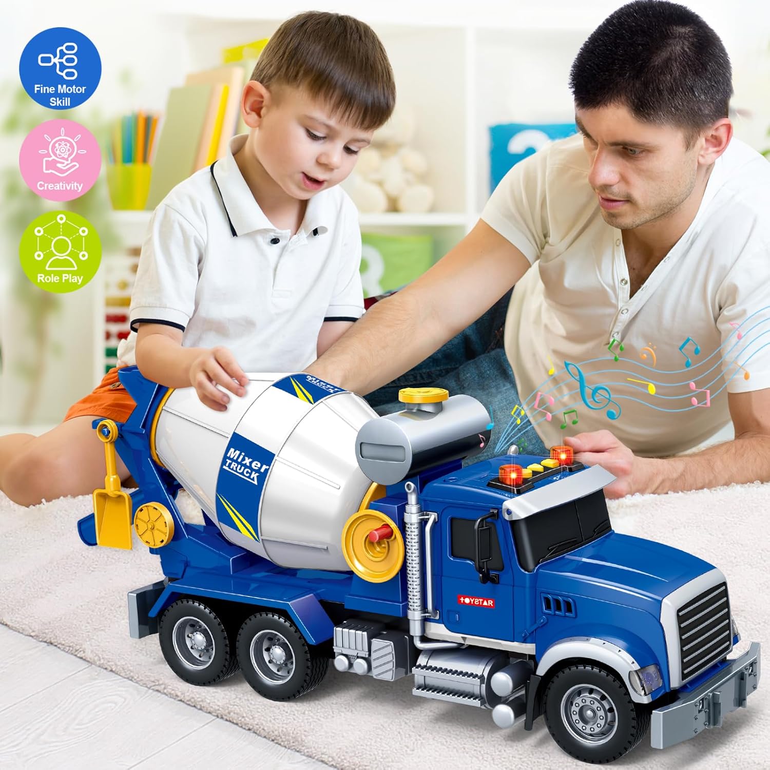 Bstoyder Kids Toys for 3 4 5 6 7 8 Years Old Boys, 15" Large Cement Mixer Truck Toy with Lights, Sounds, Blue Toddler Friction Powered Truck Vehicle Toy for Boys Girls Christmas Birthday Gifts