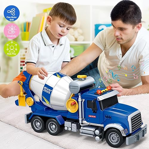 Miniatura 7 de Juguetes para niños de 3, 4, 5, 6, 7, 8 años, camión mezclador de cemento grande de 15 pulgadas, juguete con luces, sonidos, camión de fricción azul