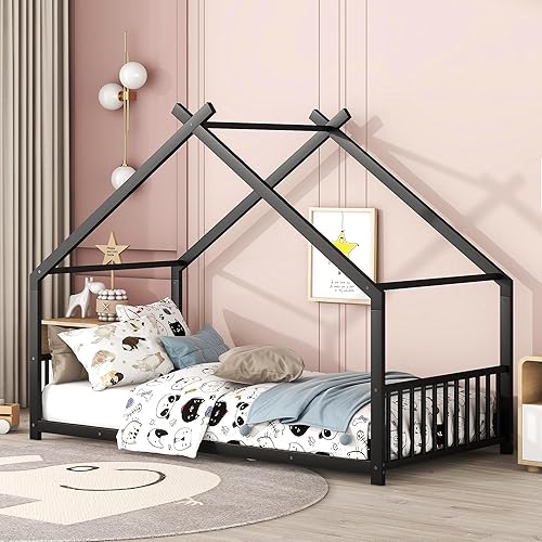 P PURLOVE Marco de cama de piso de tamaño individual, marco de cama Montessori de metal para niños, marco de cama de casa para niños con techo,