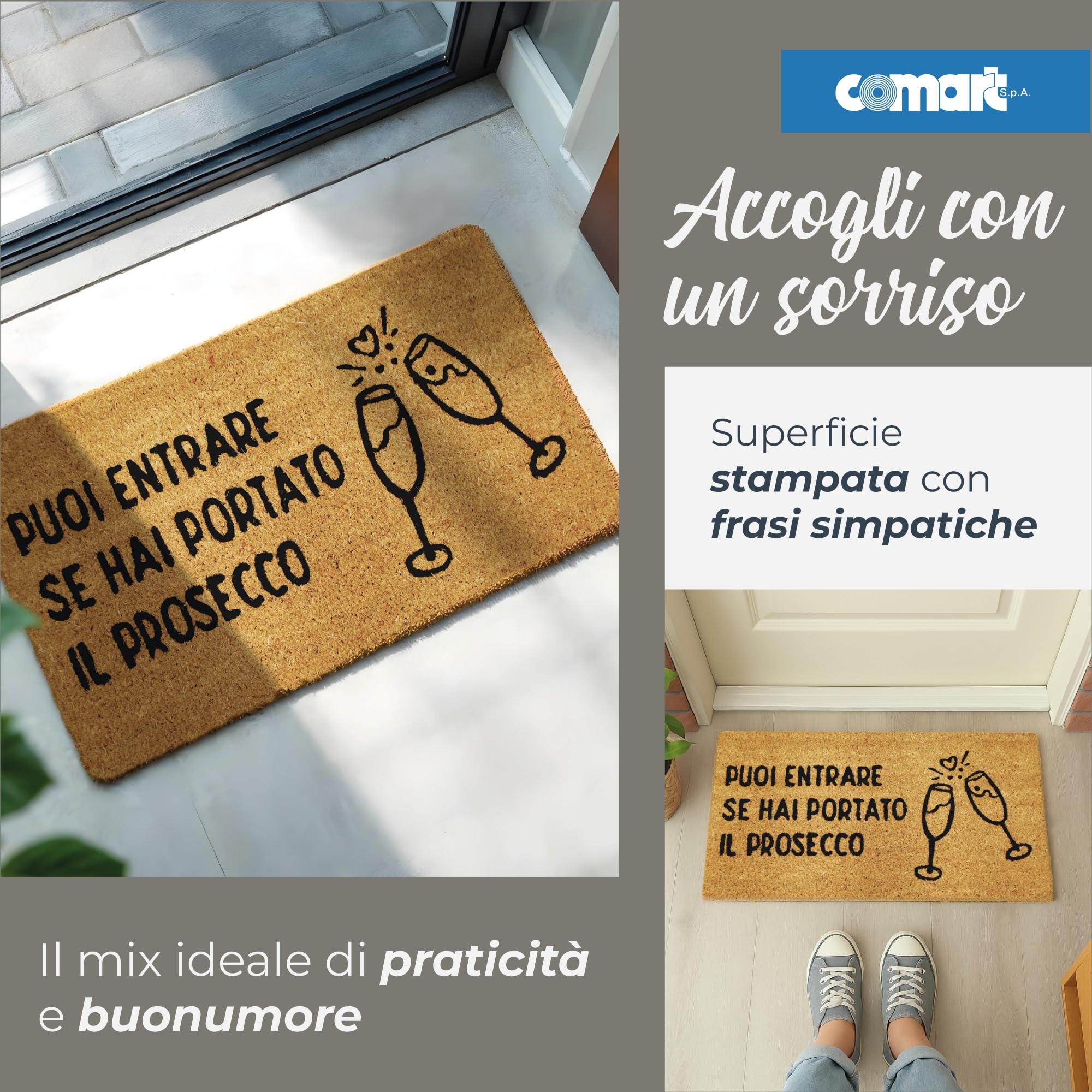 Comart - Zerbino Gag in Cocco - 40x70 cm - Tappetino Simpatico con Scritte Divertenti - per Ingresso Esterno e Interno - Fondo Antiscivolo - Pulizia Facile - Arredo e Regali Casa - Hai il Prosecco