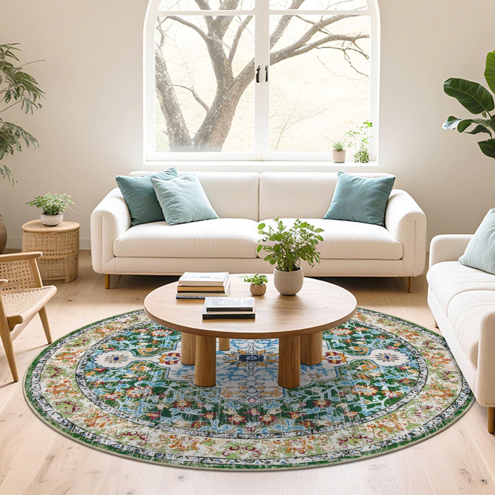 U'Artlines Boho Vintage Round Area Rug 6ft Machine Washable Low Pile Soft Floor Carpet Non Slip Non Shedding Accent Rug for Living Room Bedroom