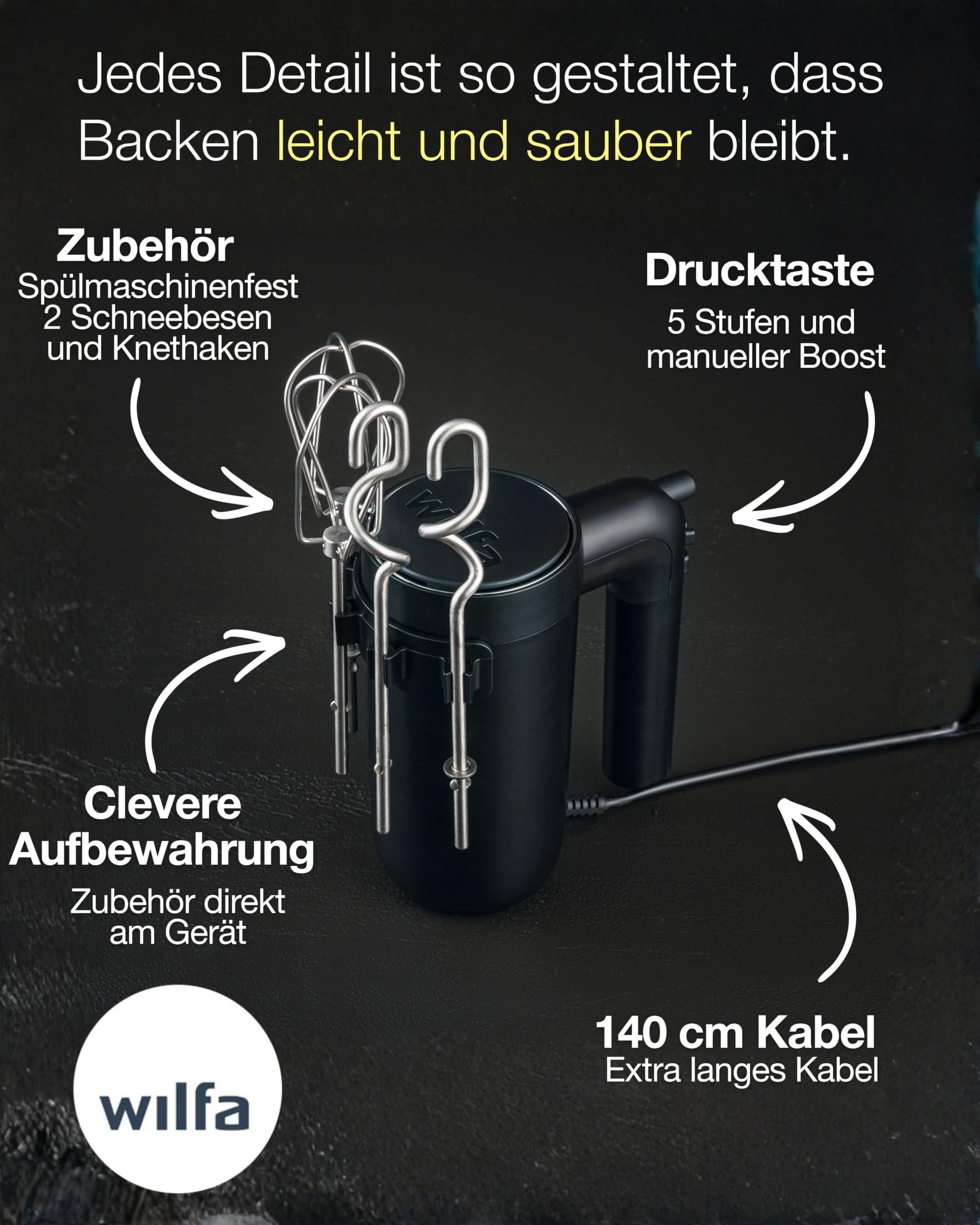 Wilfa Smooth Mix Handmixer 500 W I 5 Geschwindigkeiten & Boost-Funktion I Sanftanlauf gegen Spritzer I Inkl. Schneebesen & Knethaken I Für Sahne, Teige & Eischnee I Design Award Gewinner